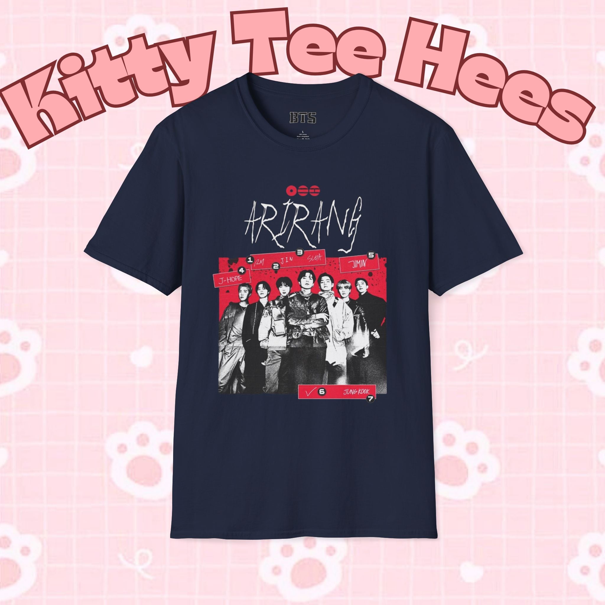 Arirang2026 BTS concert T-shirt featuring K-pop band image, casual fit, printed by Printify, ideal for BTS fans and K-pop merchandise.