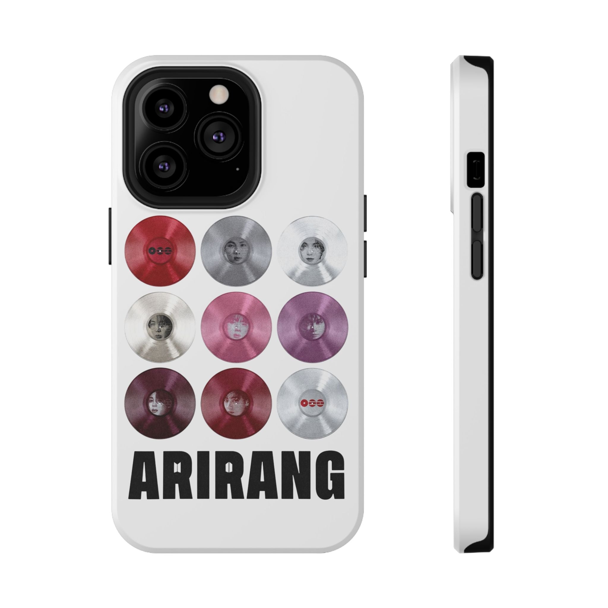 Printify BTS Arirang vinyl record grid phone case featuring impact-resistant design with BTS fan merch artwork.