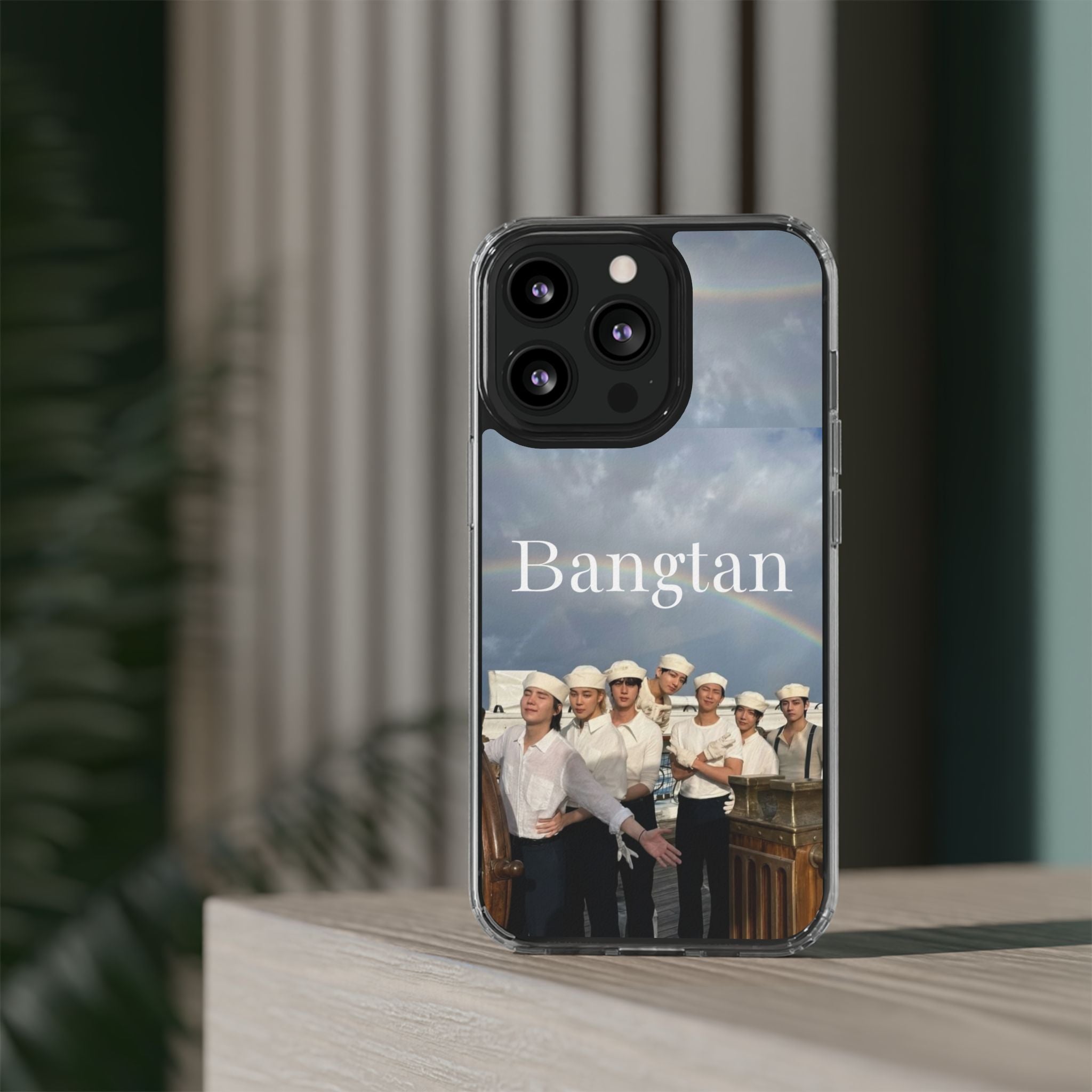Clear impact-resistant phone case featuring cute Bangtan K-pop design for phones, by Printify.