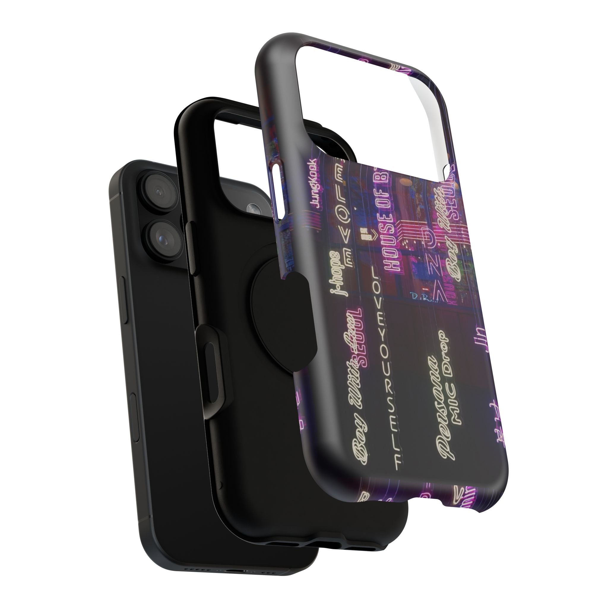 Neon Korean script BTS phone case for iPhone and Samsung, impact-resistant, featuring bold neon design with BTS branding.