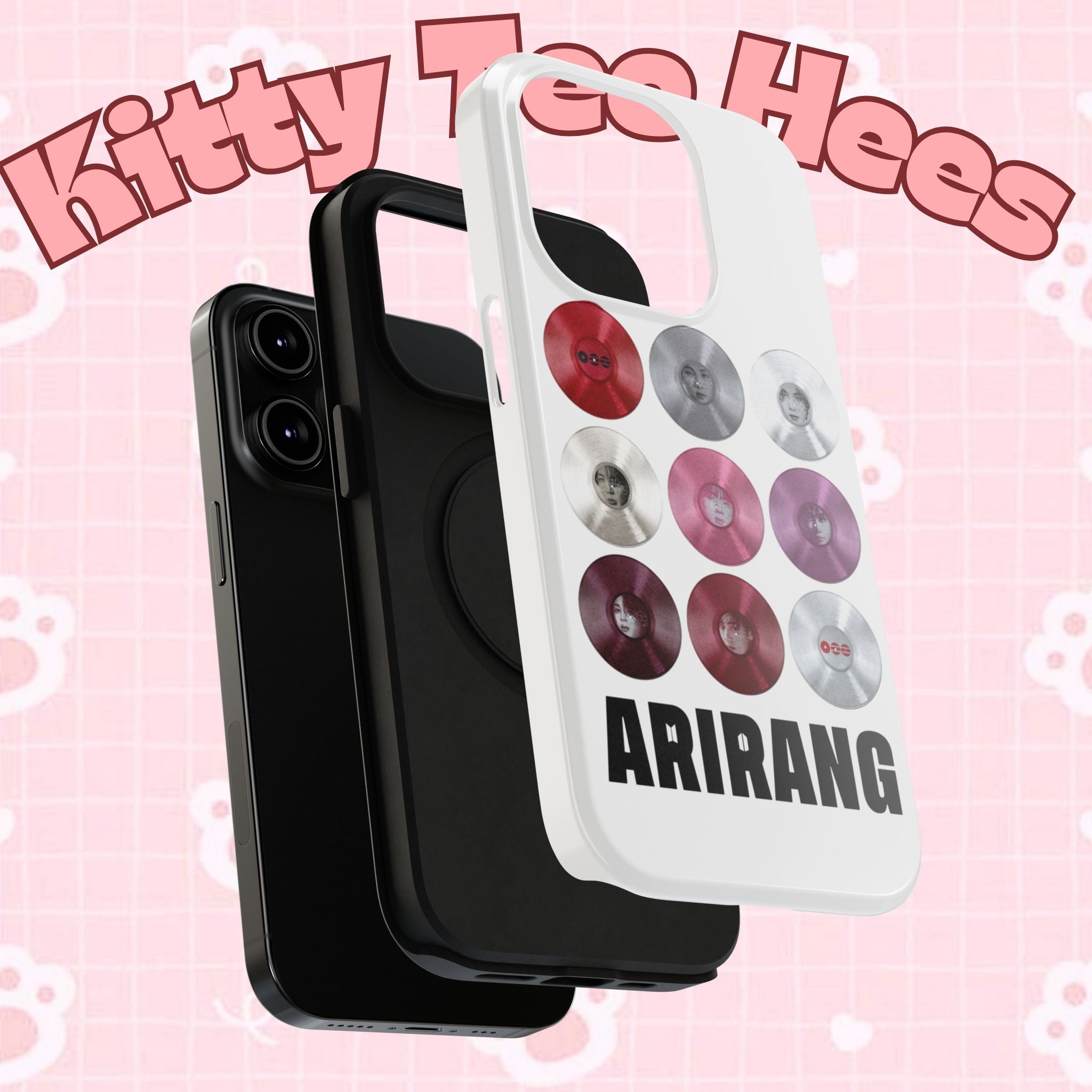 Impact-resistant phone case featuring BTS Arirang vinyl record grid design, perfect for BTS fans and collectors.