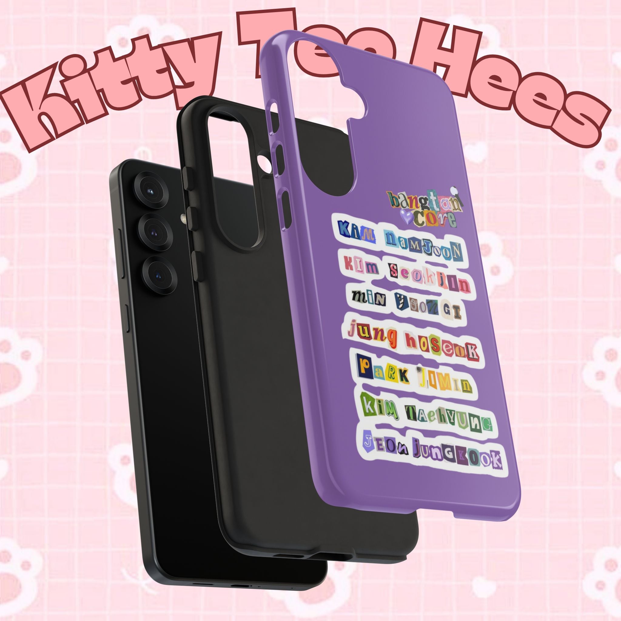 Printify BTS member names phone case featuring Jungkook, Jimin, and RM for iPhone 17 with tough protective design.