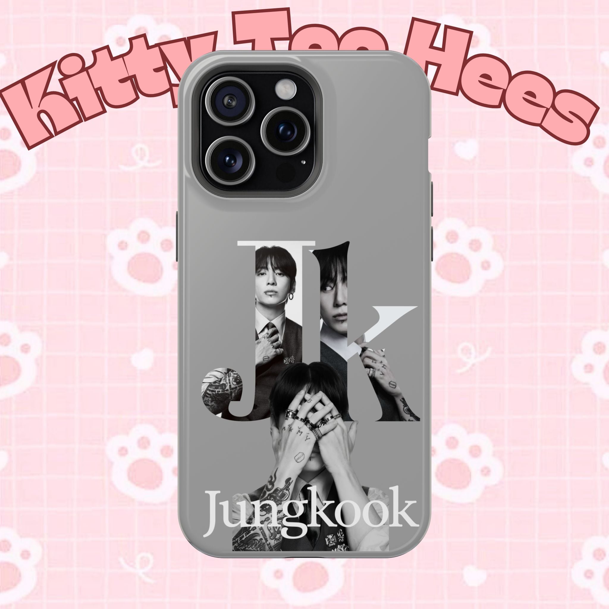 Printify monogram BTS Jungkook phone case featuring monochrome letter design, impact-resistant for iPhone or Android devices.