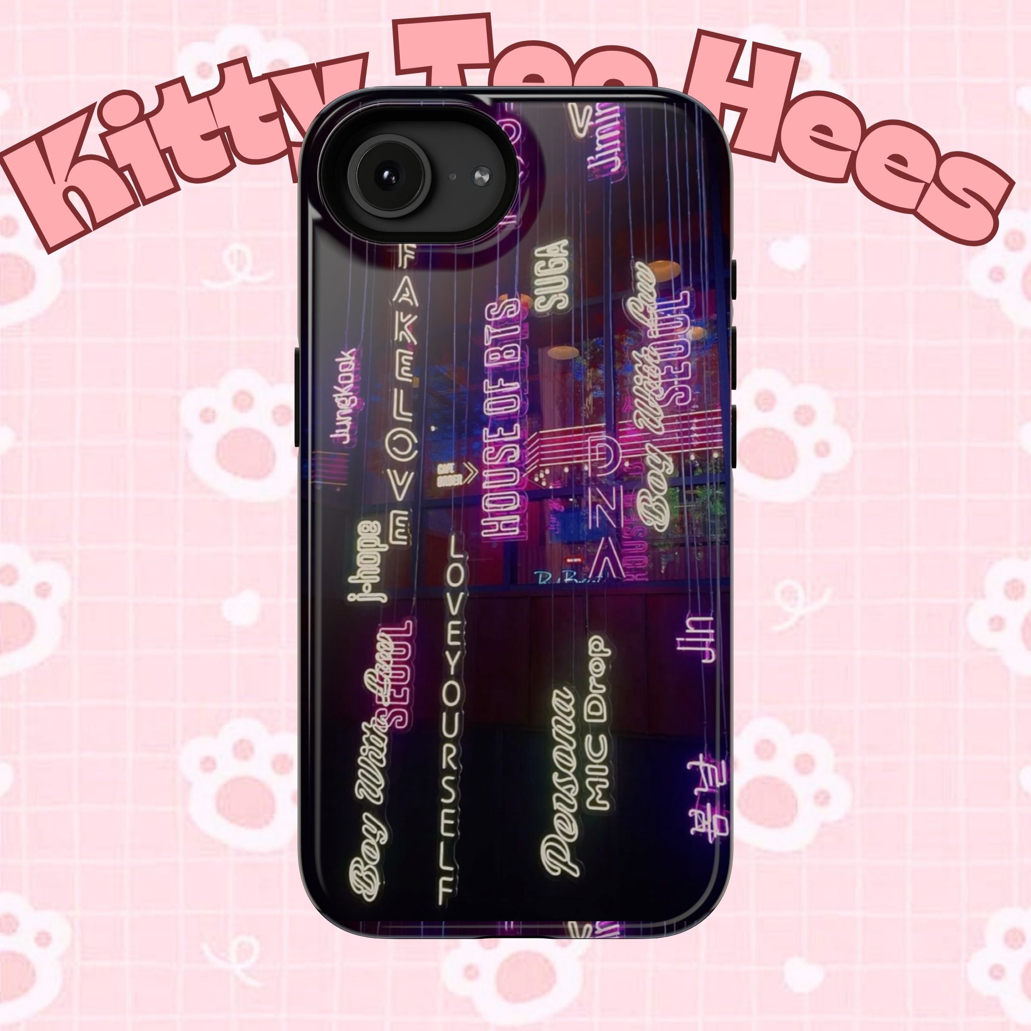 Neon Korean script BTS phone case for iPhone and Samsung, impact-resistant design with Bangtan Sonyeondan branding.