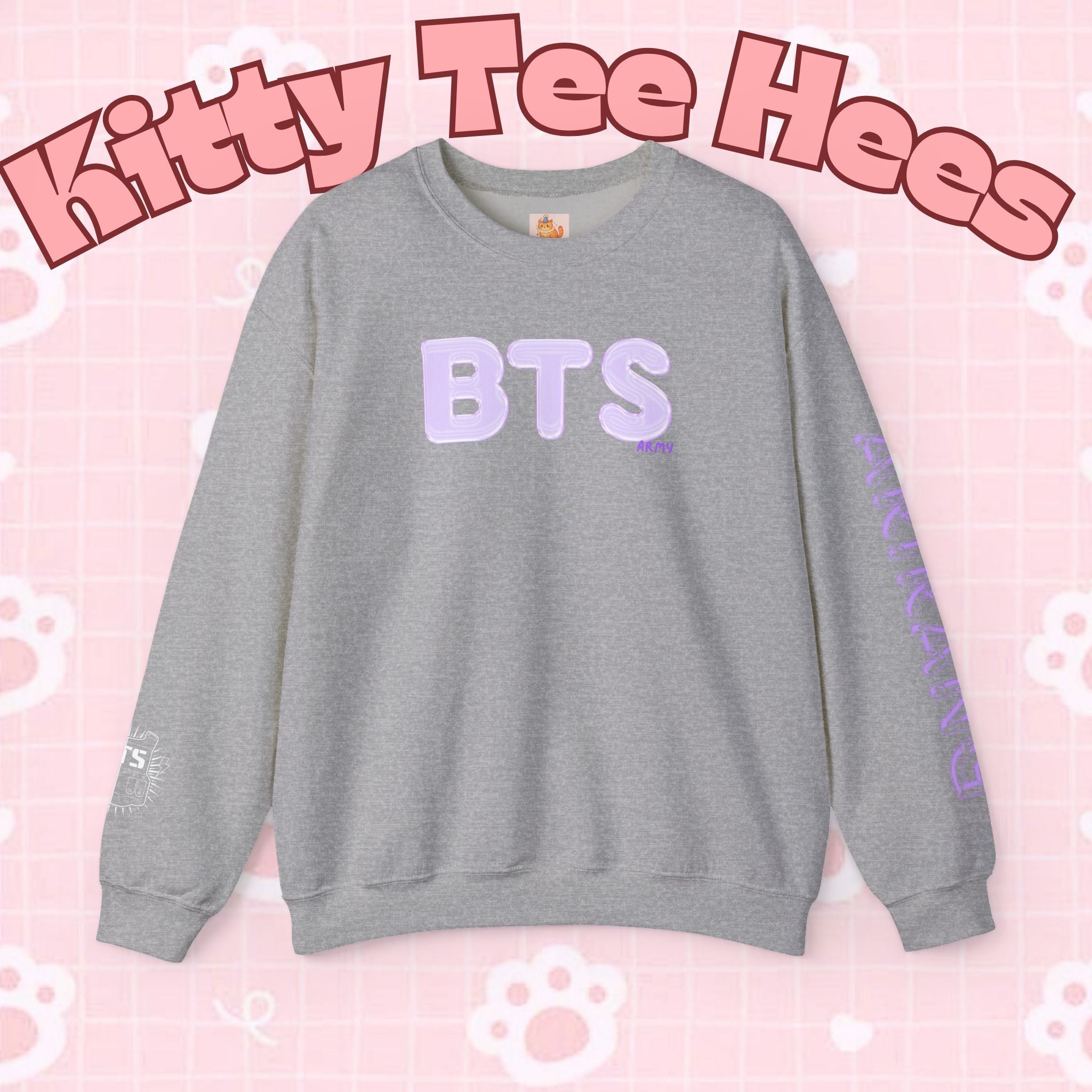 Lavender BTS logo Arirang crewneck sweatshirt with K-pop band print, featuring BTS comeback design and comfortable pullover style.