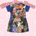 Cat Lady Collage T-shirt dress with all-over print, featuring colorful cat designs, casual fit, by Printify.