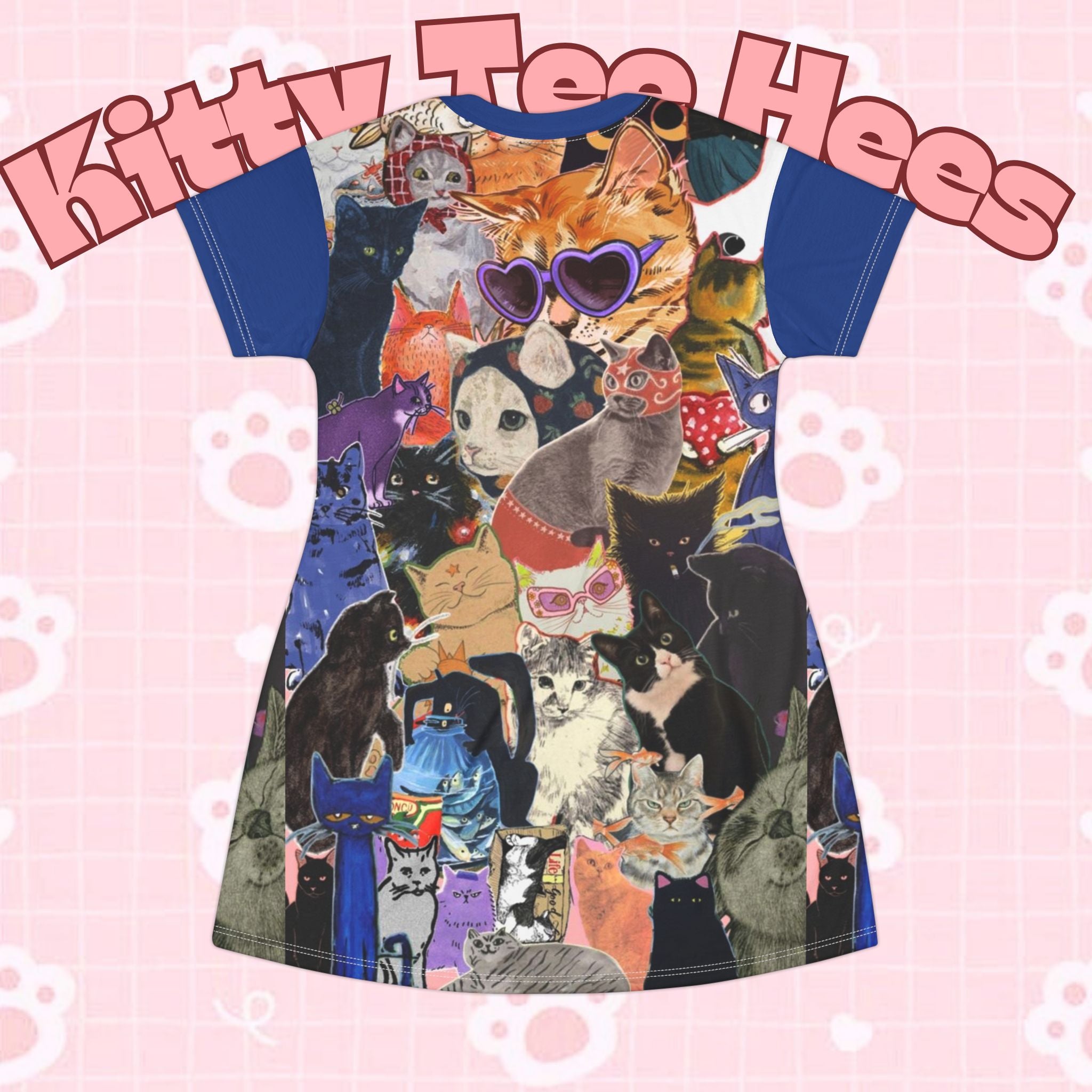 Cat Lady Collage T-shirt dress with all-over print, featuring colorful cat designs, casual fit, by Printify.