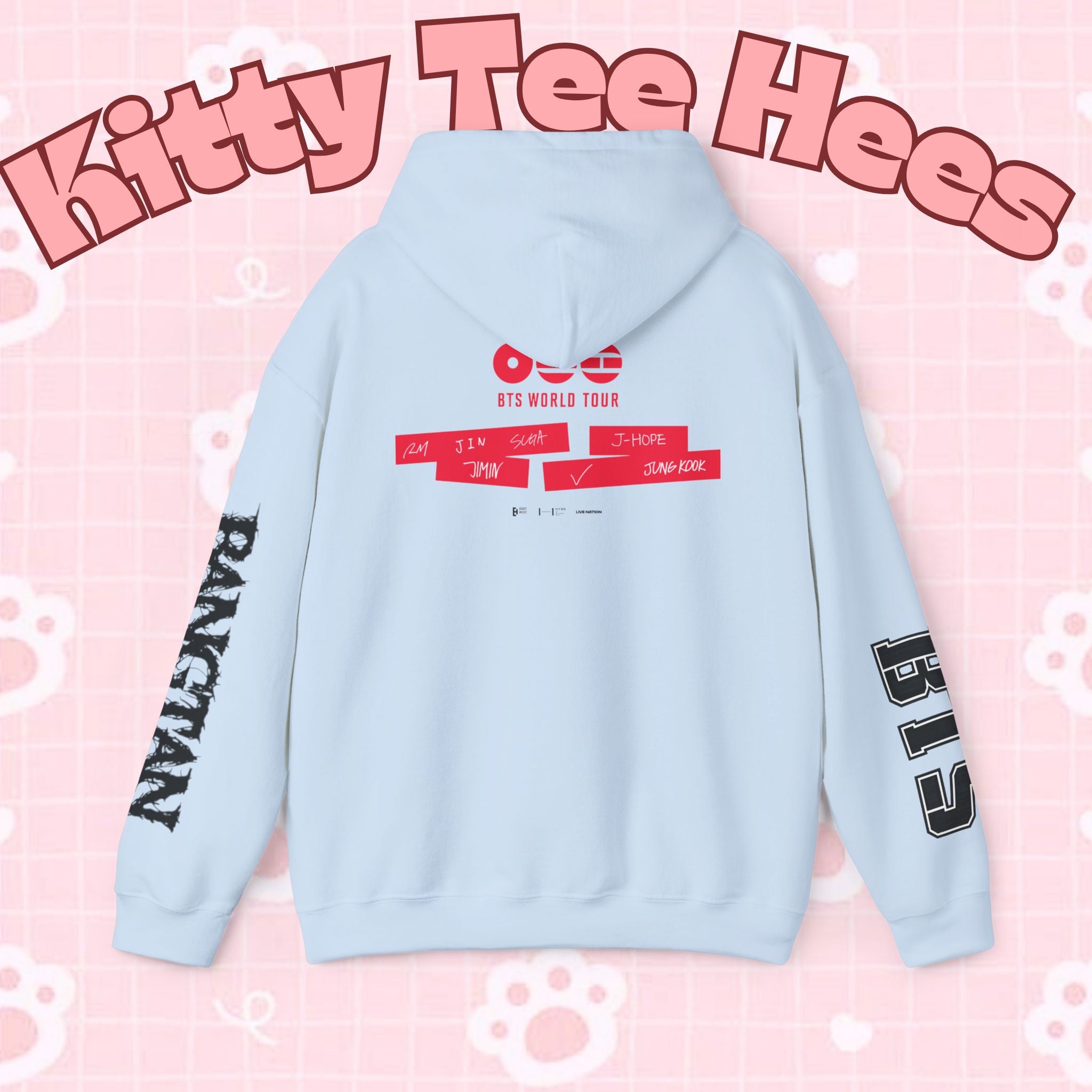 ARIRANG graphic hoodie featuring BTS World Tour design with Bangtan sleeve artwork, inspired sweatshirt by Printify.