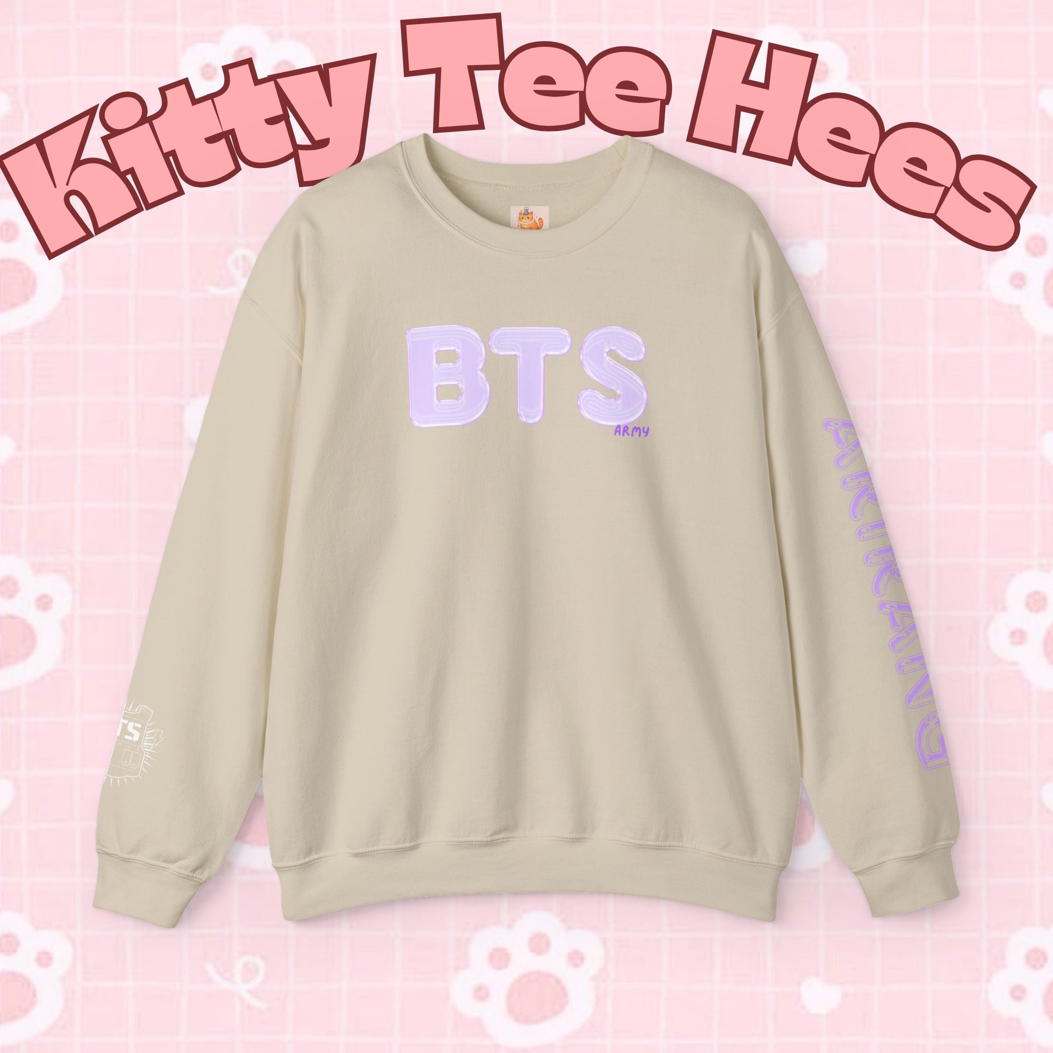 Lavender BTS Logo Arirang crewneck sweatshirt with K-pop band print, comfortable pullover featuring BTS comeback design.