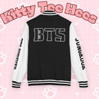 Personalized BTS Logo Letterman jacket with varsity style, featuring sleeve text and custom design, ideal for fans of BTS.