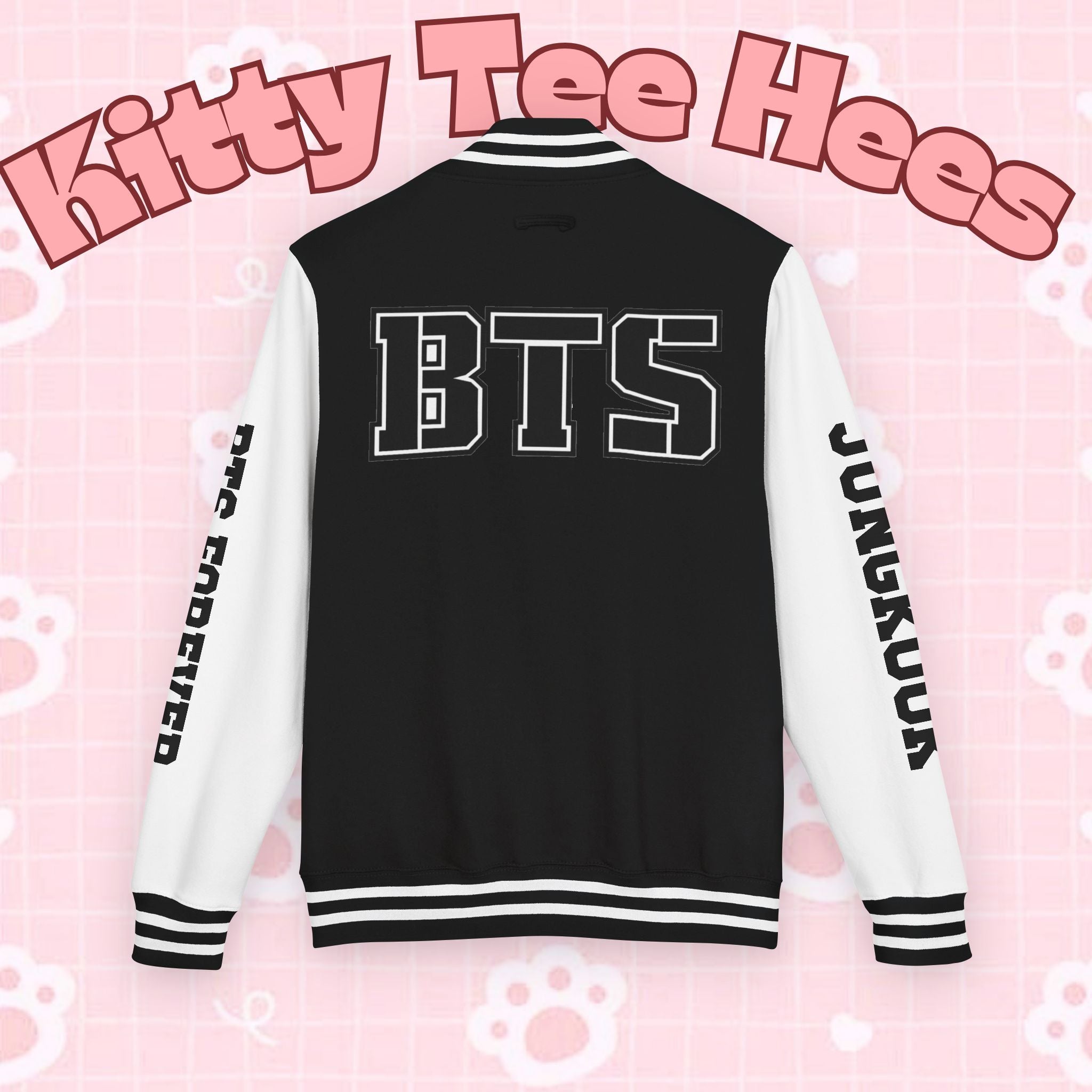 Personalized BTS Logo Letterman jacket with varsity style, featuring sleeve text and custom design, ideal for fans of BTS.