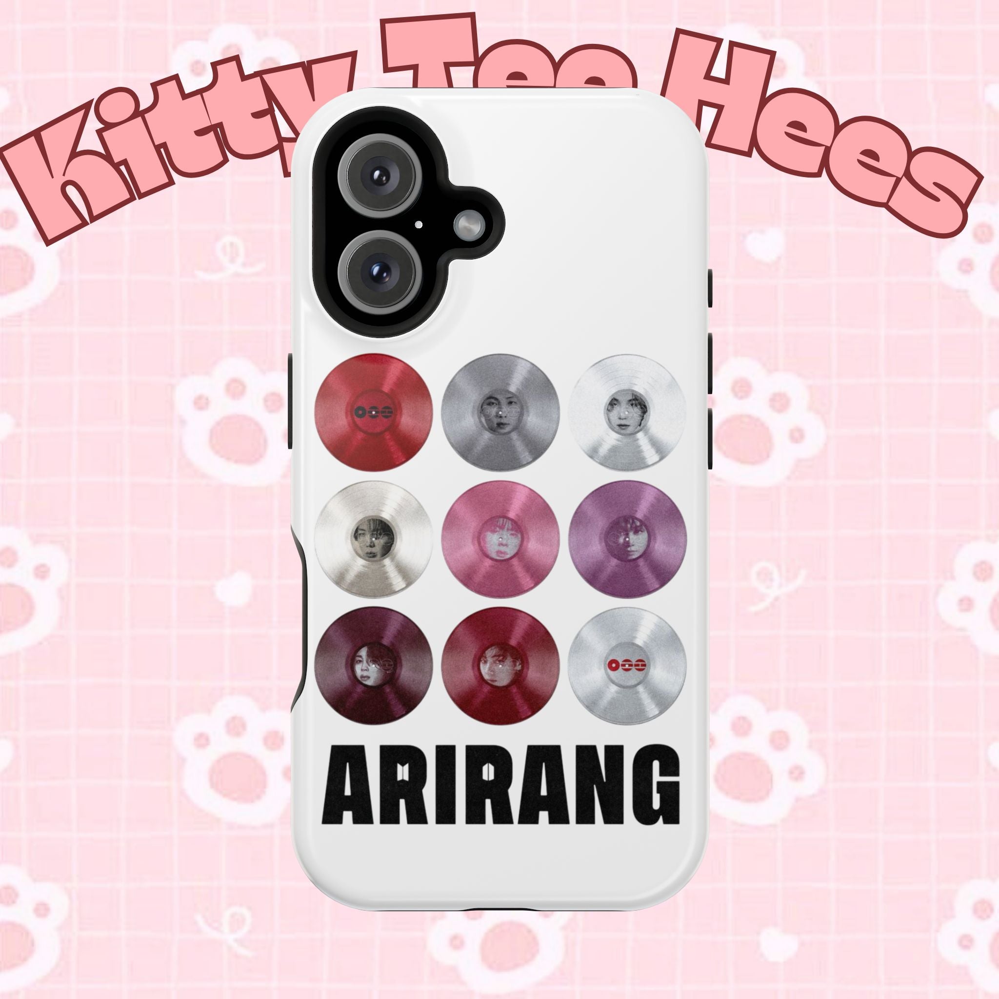 Impact-resistant phone case with BTS Arirang vinyl record grid design, featuring cool BTS fan merchandise branding.