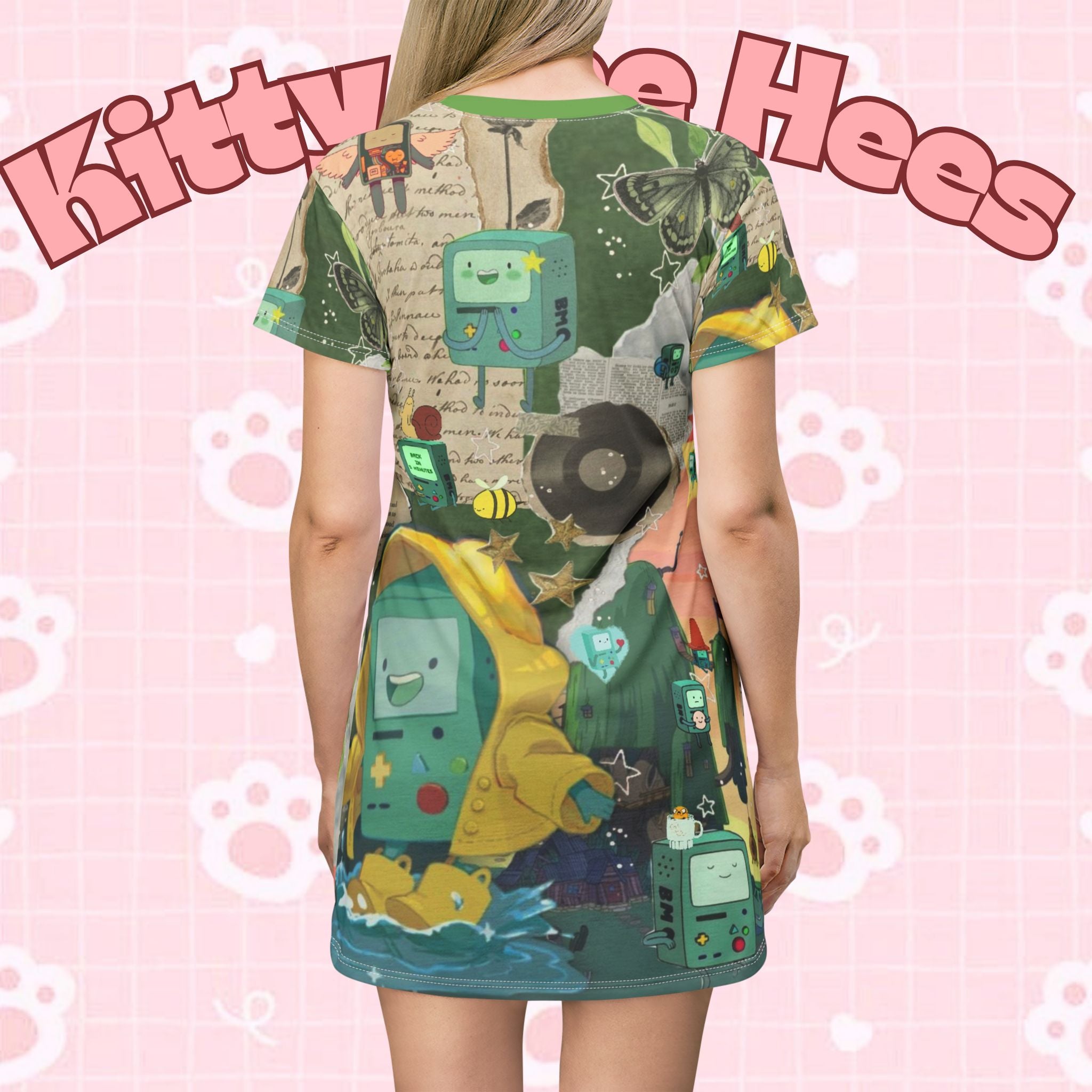BMO Adventure Time T-shirt dress with all-over print, festive design, and colorful character graphics, by Printify.