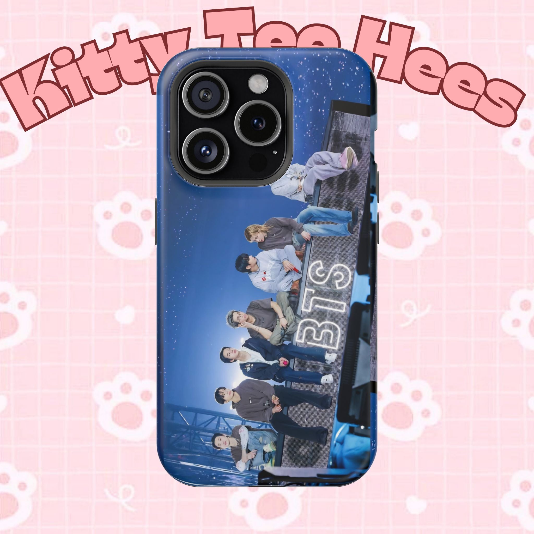 Printify BTS Bangtan World Tour Arirang impact-resistant phone case for iPhone 17 and Samsung Galaxy Ultra models, featuring tour design.