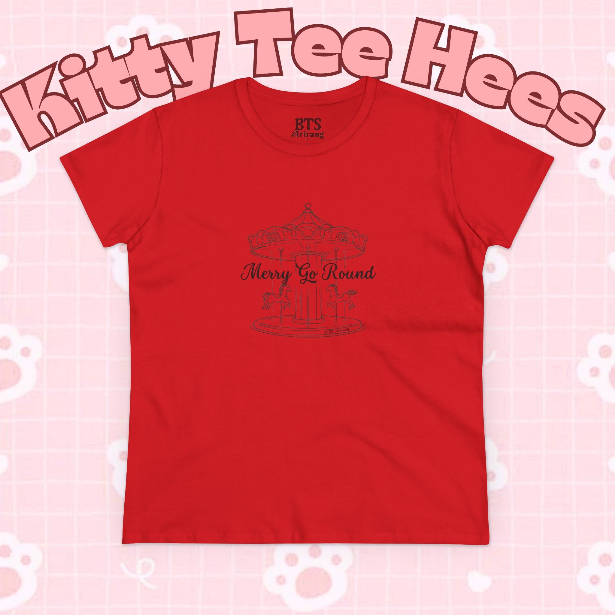 Printify BTS Arirang 2026 album Merry Go Round T-shirt featuring carousel sketch design and lyric script back print.