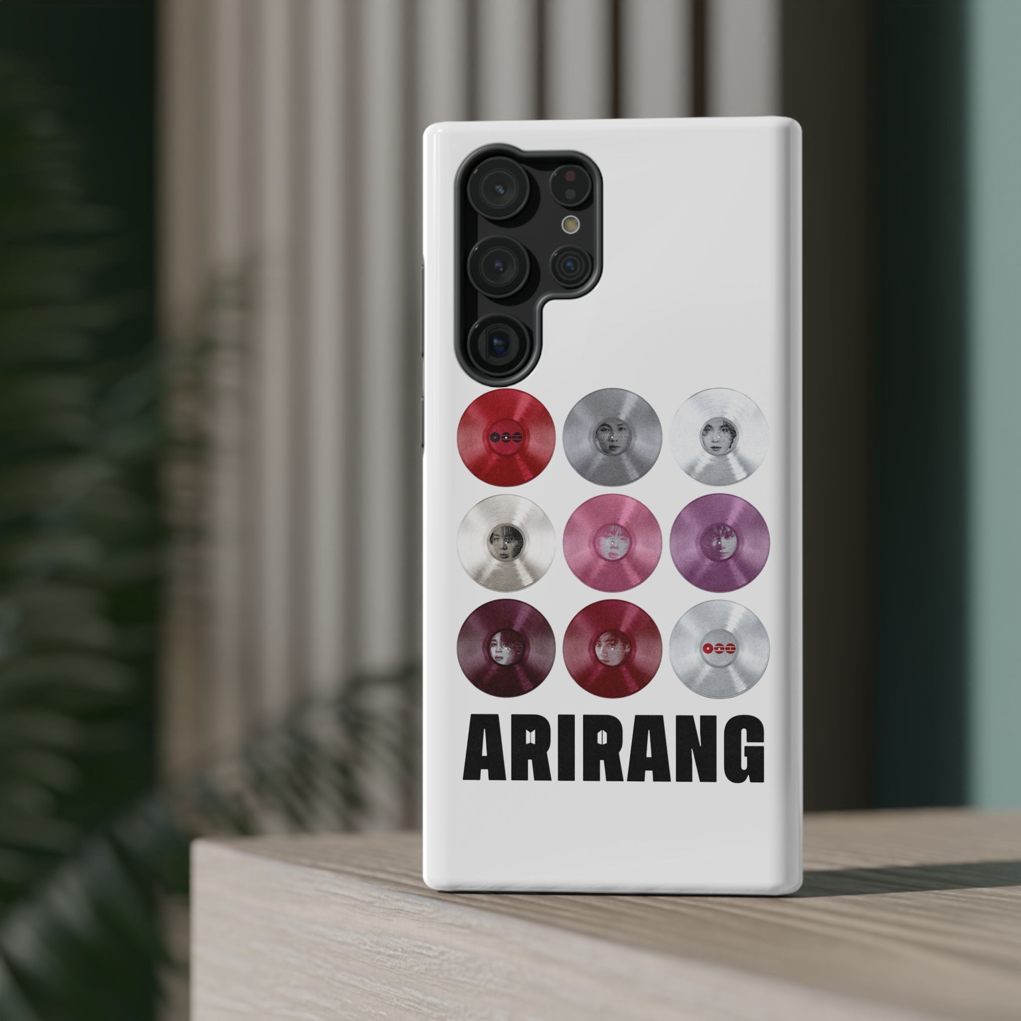 Impact-resistant Printify BTS Arirang vinyl record grid phone case featuring cool BTS fan merch design for fans.