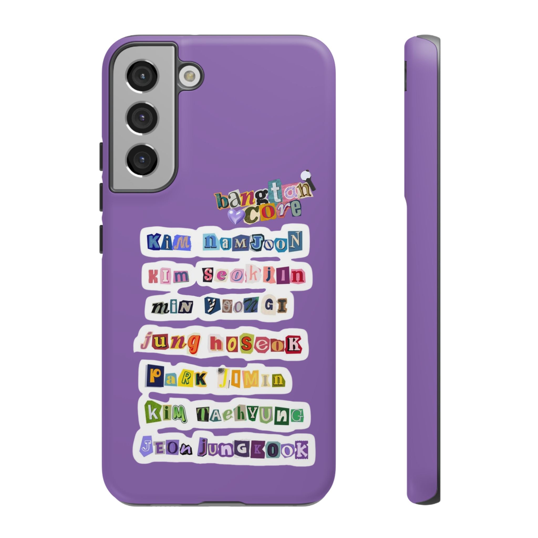 BTS member names phone case featuring Jungkook, Jimin, and Rap Monster on a tough iPhone 17 case by Printify