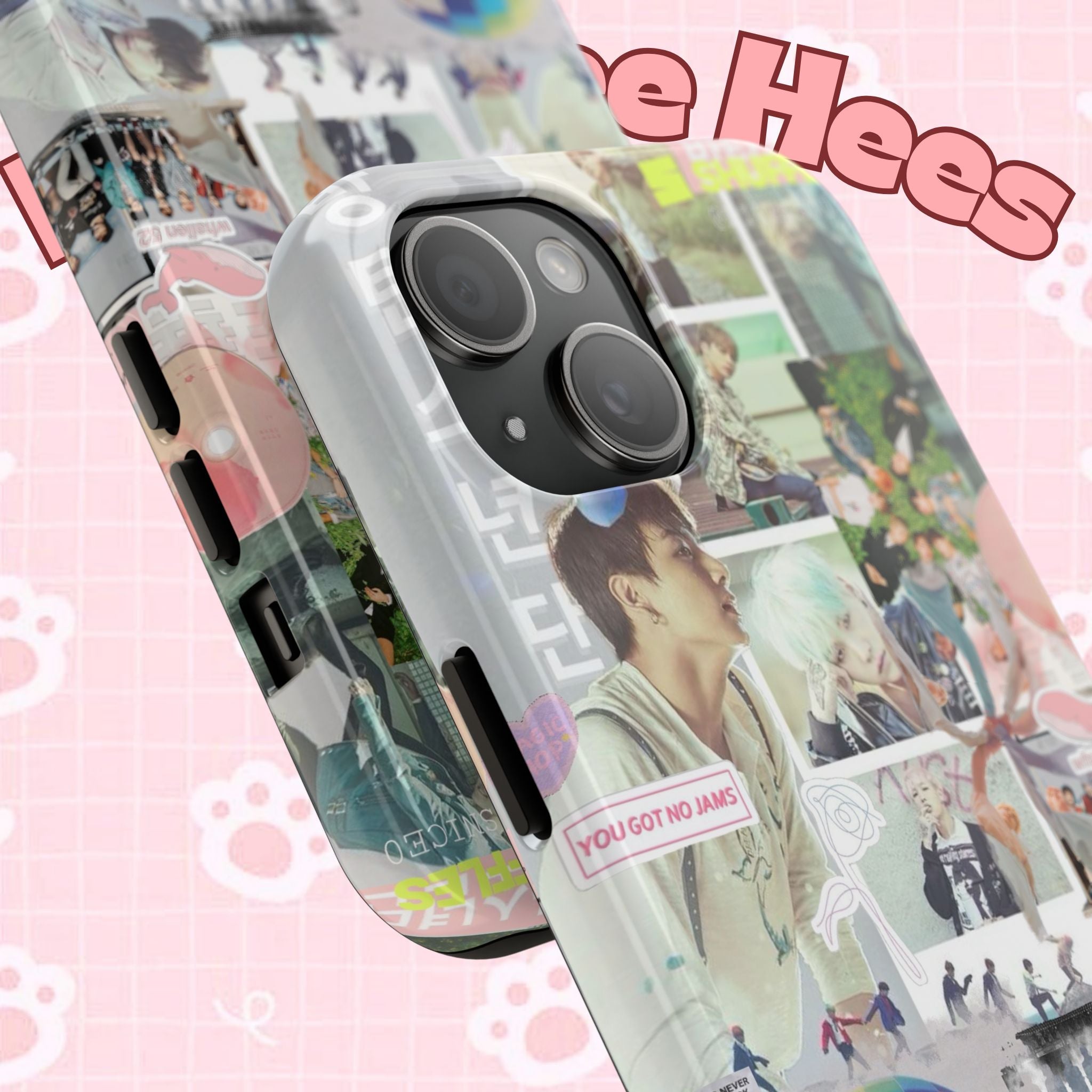 Printify BTS collage phone case for iPhone and Samsung featuring pastel hot air balloon and K-Pop photo collage design.