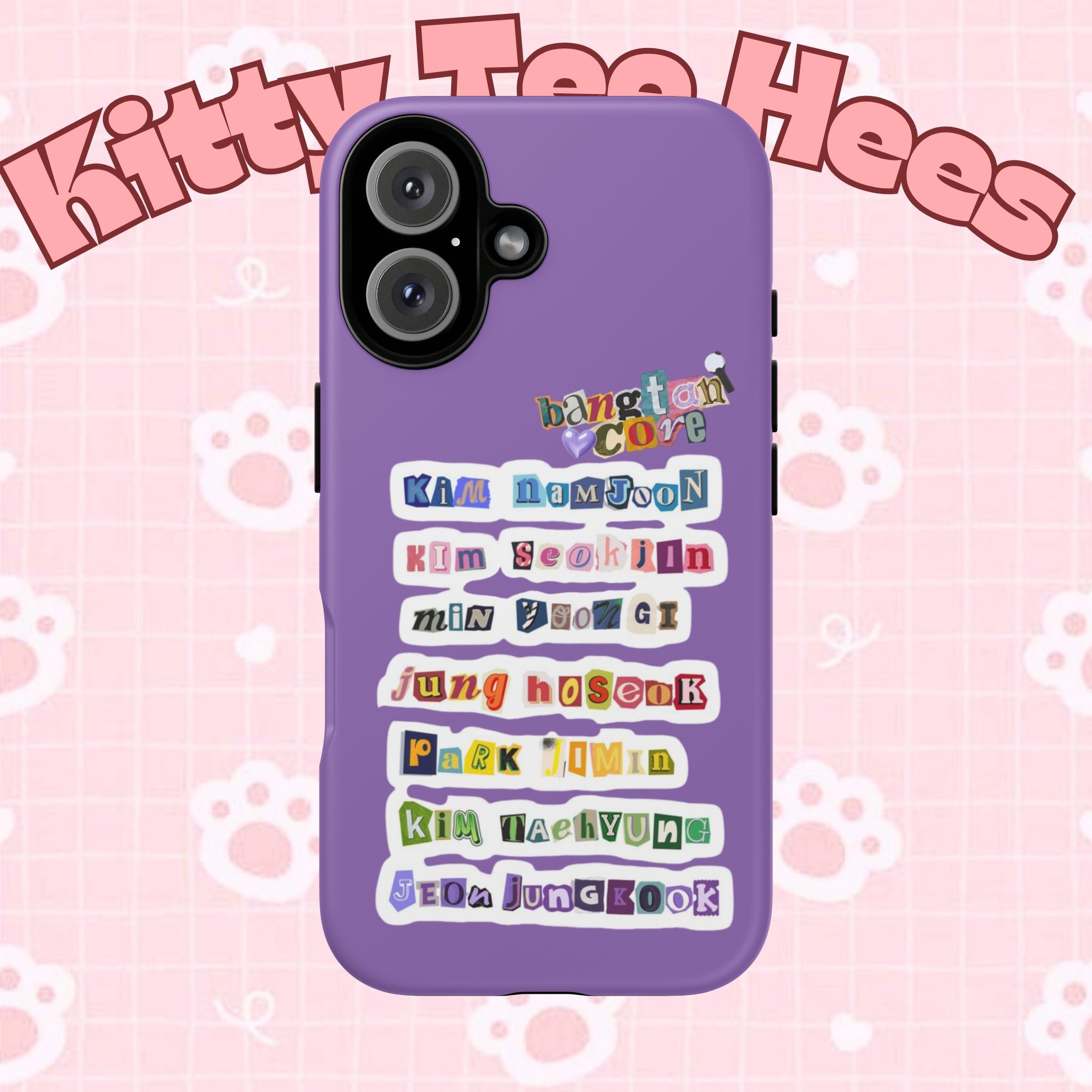 Custom BTS member names phone case for iPhone 17 featuring Jungkook, Jimin, and RM, with a stylish tough protective design.
