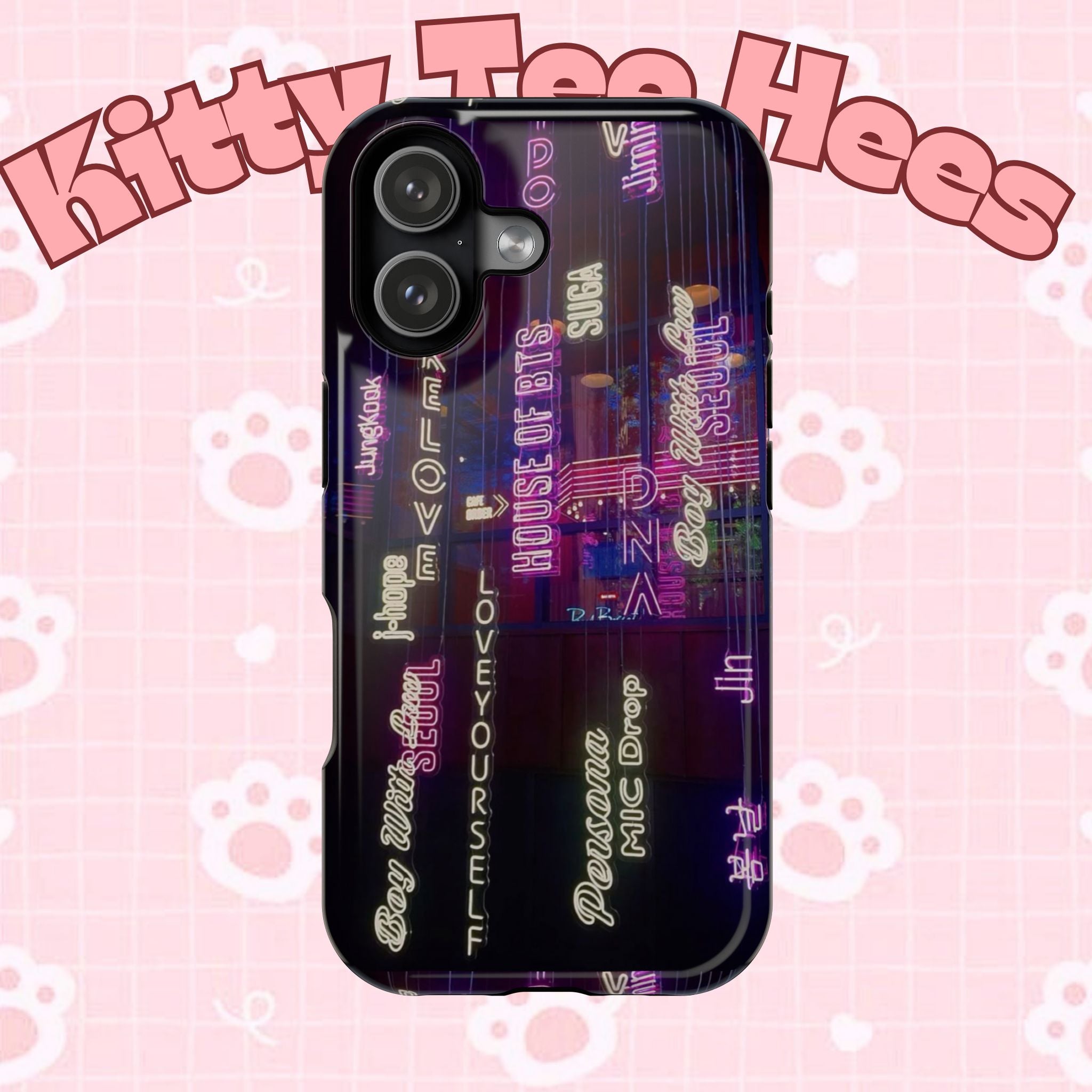 Impact-resistant BTS phone case with neon Korean script design for iPhone and Samsung, featuring Bangtan Sonyeondan branding.