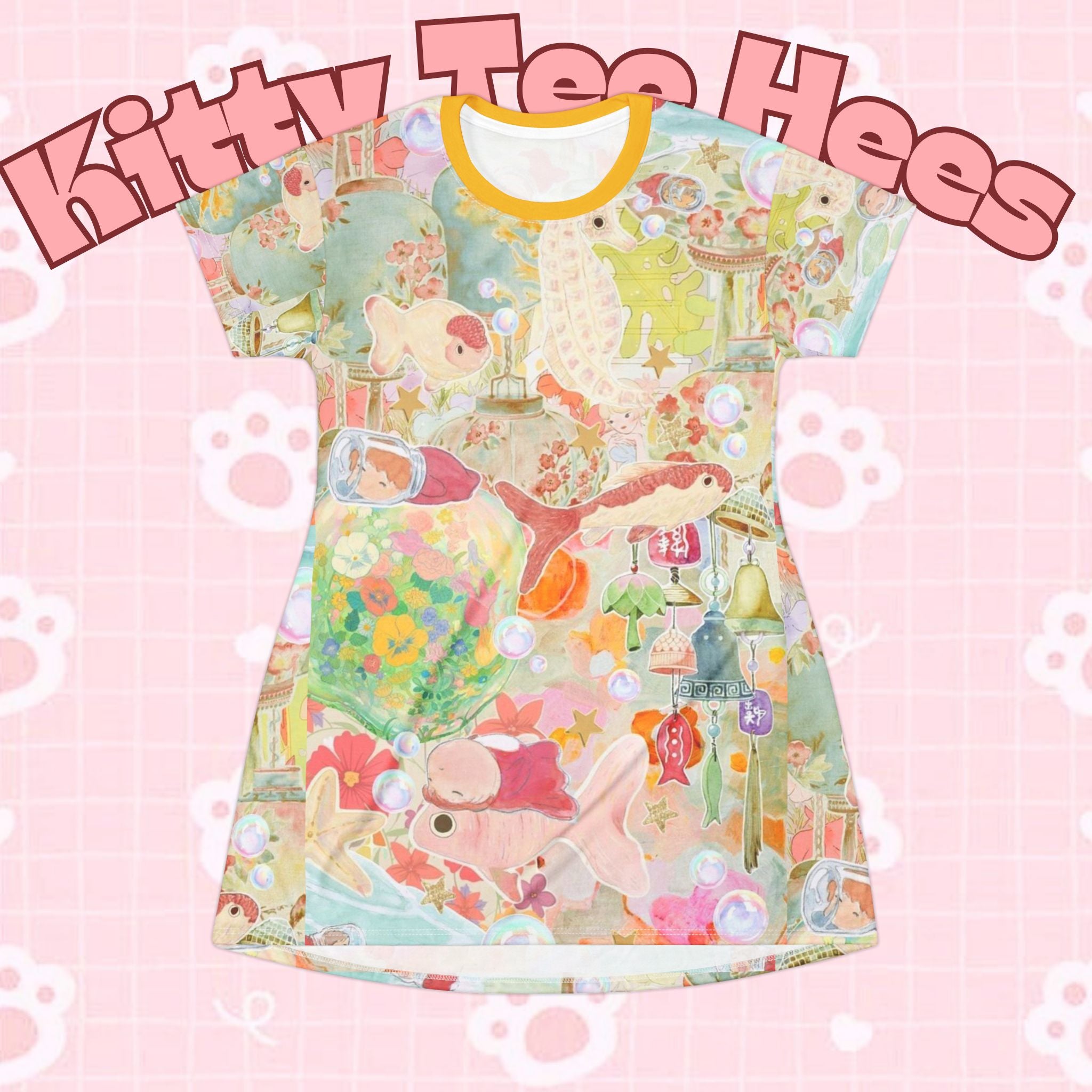 Koi Ponyo cat-themed T-shirt dress with all-over print, cute summer casual dress ideal for birthdays and gift-giving