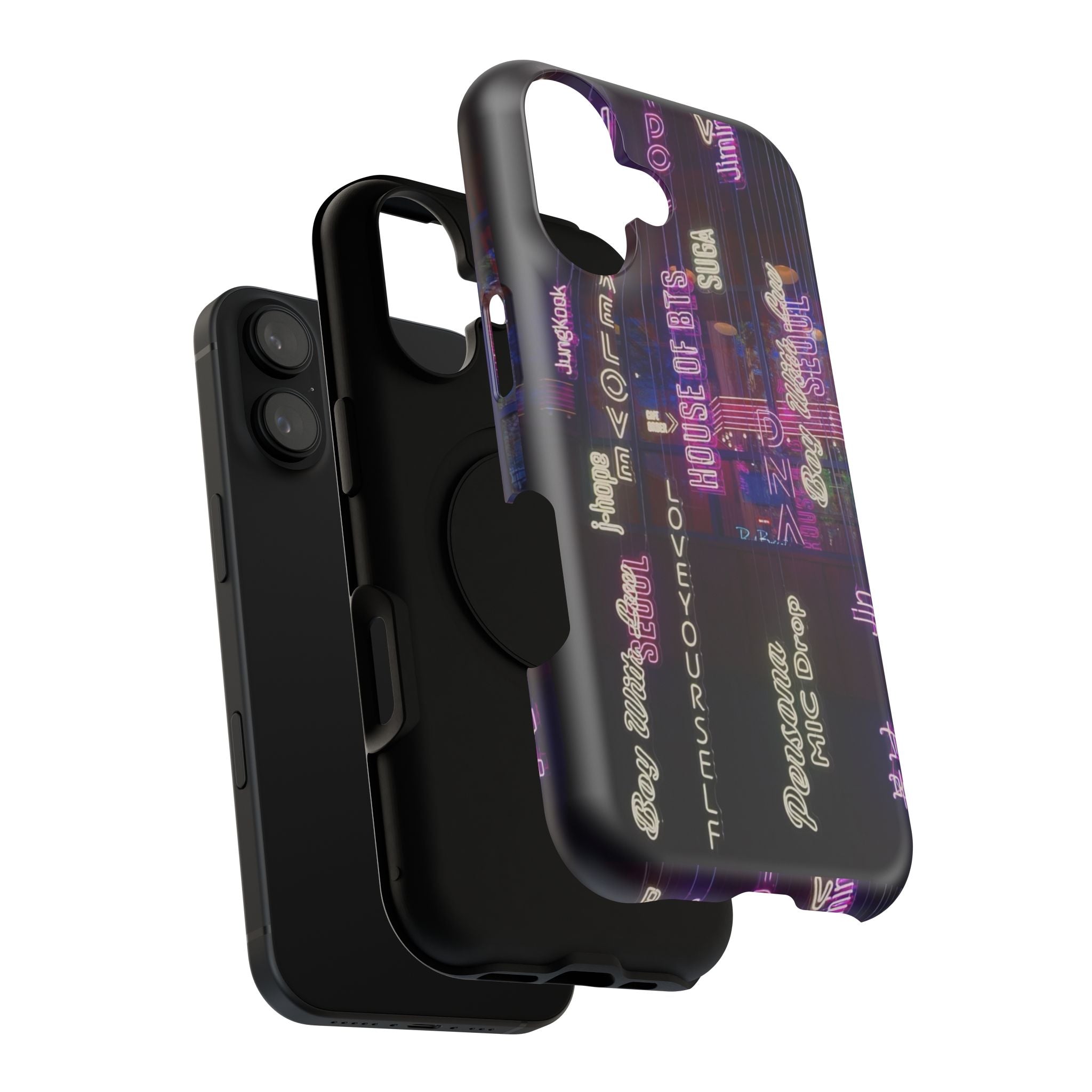 Neon Korean script BTS phone case for iPhone and Samsung, impact-resistant Printify phone case featuring Bangtan Sonyeondan design
