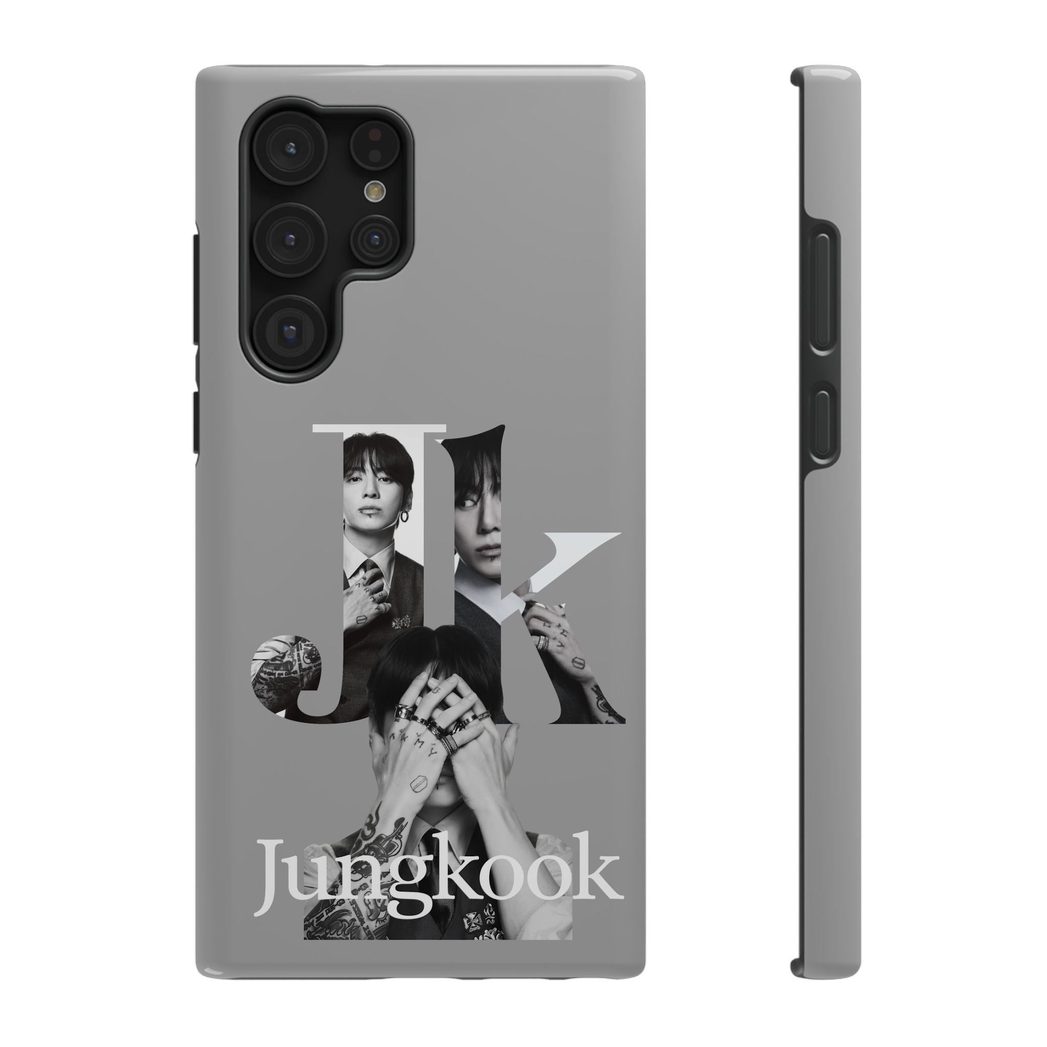 Monochrome BTS Jungkook phone case with letter design, impact-resistant Printify case for Samsung and iPhone models.