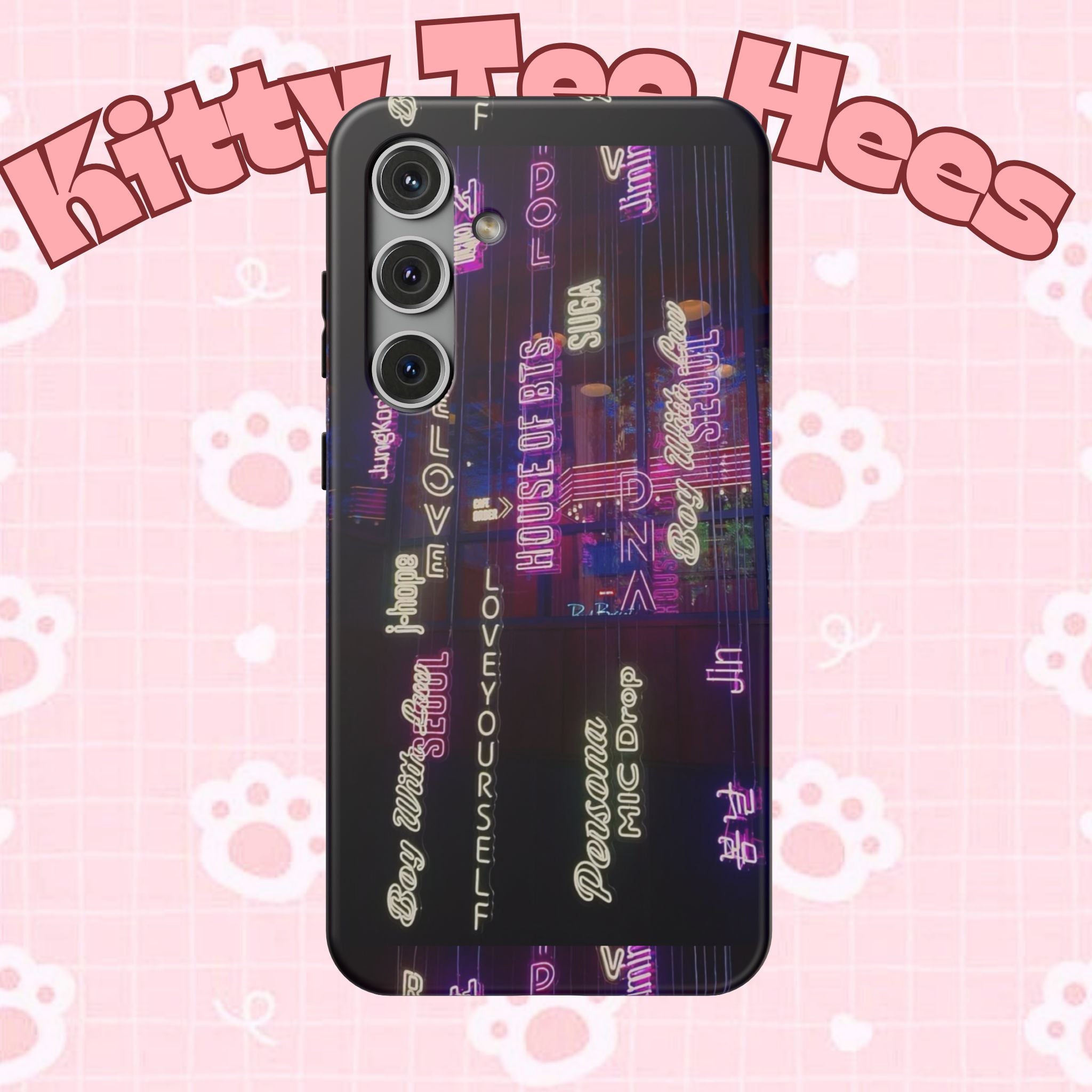 Impact-resistant BTS phone case with neon Korean script design for iPhone and Samsung, featuring Bangtan Sonyeondan branding.