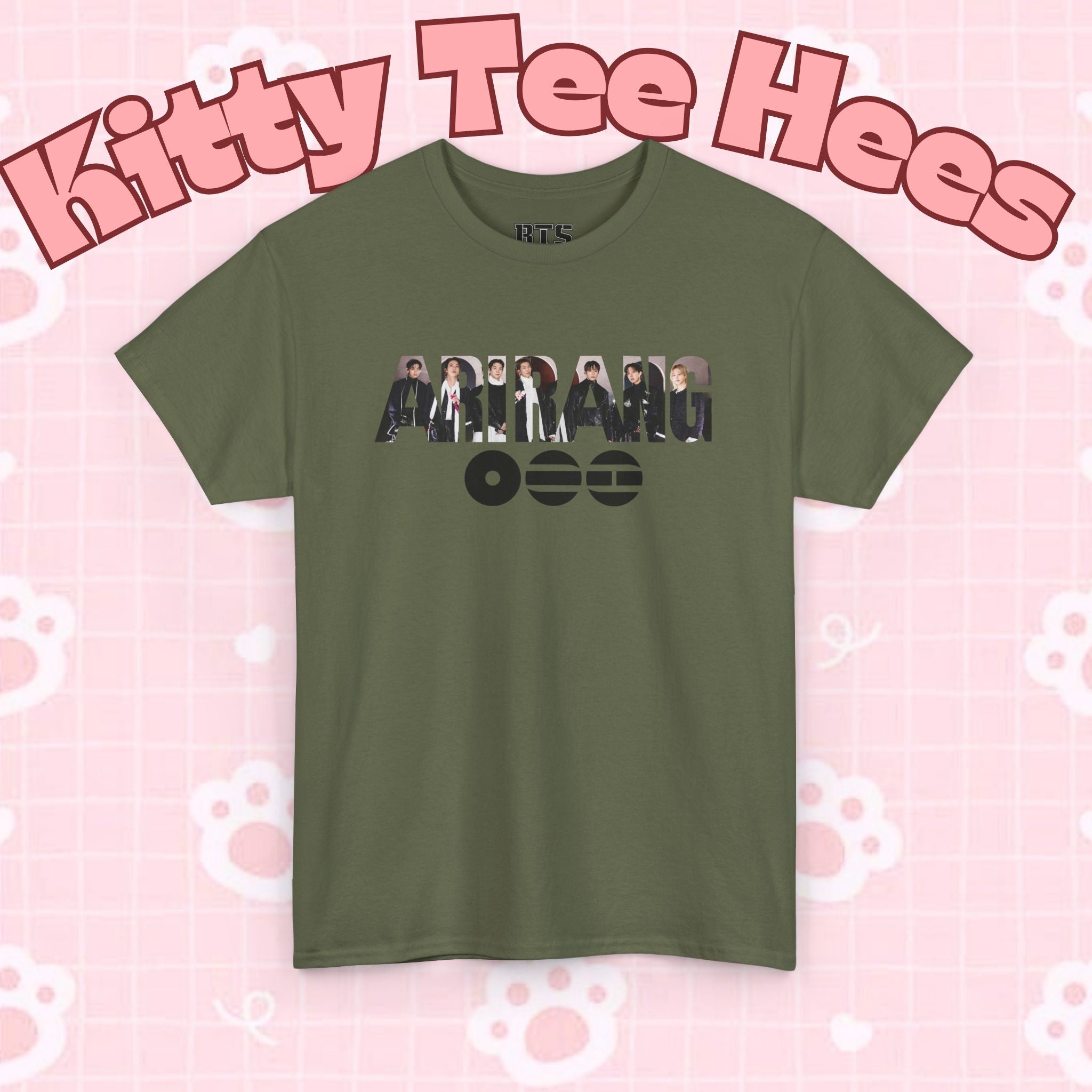 K-Pop inspired BTS concert T-shirt featuring Bangtan Boys graphic design, worn by a person, casual style, Printify brand.