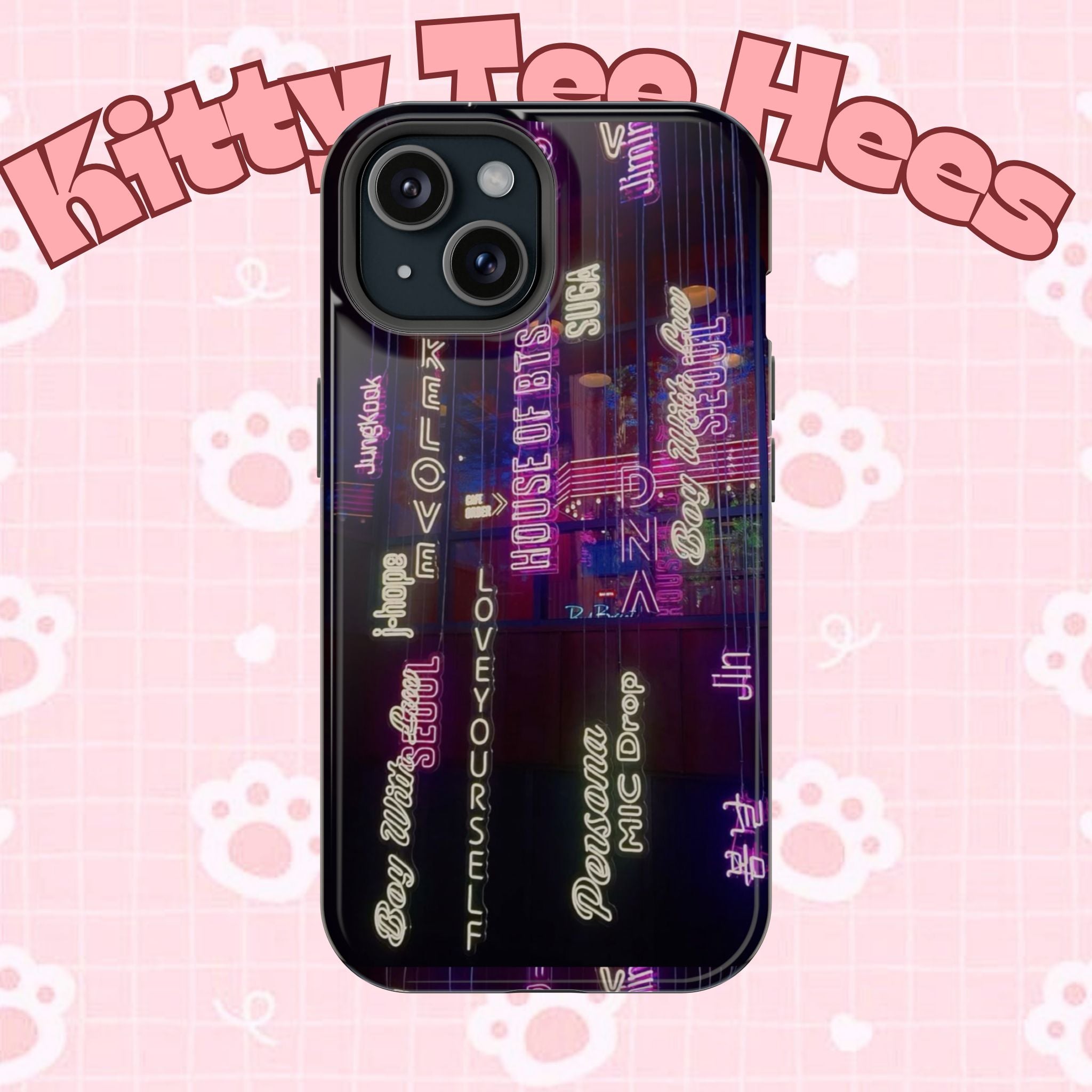 Neon Korean script phone case for iPhone and Samsung, impact-resistant BTS Bangtan Sonyeondan phone case by Printify.