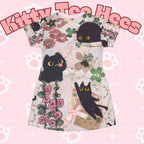 Printify Rococo cat T-shirt dress with all-over cute cat print, casual kawaii fashion, perfect for cat lovers and cottagecore style.
