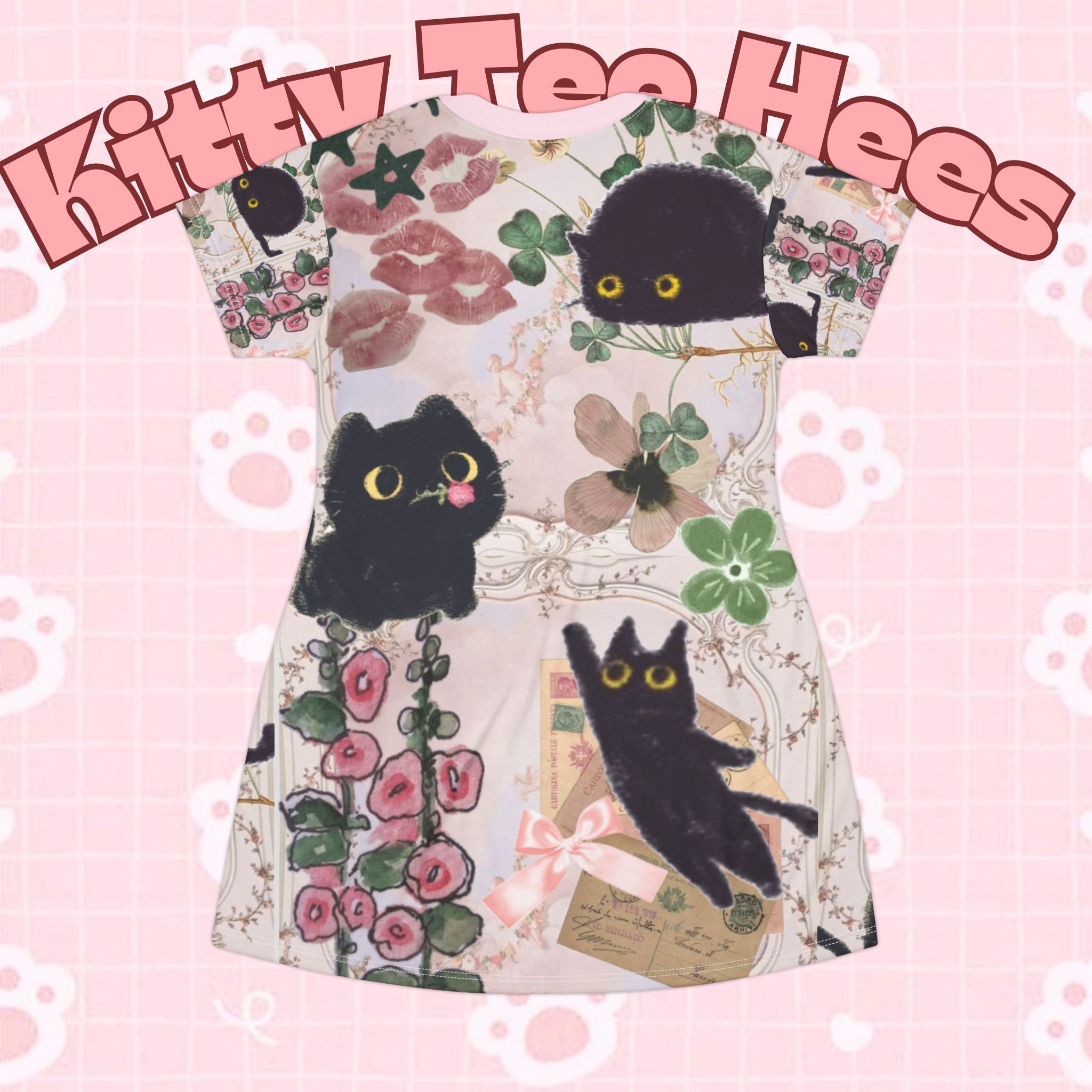 Printify Rococo cat T-shirt dress with all-over cute cat print, casual kawaii fashion, perfect for cat lovers and cottagecore style.