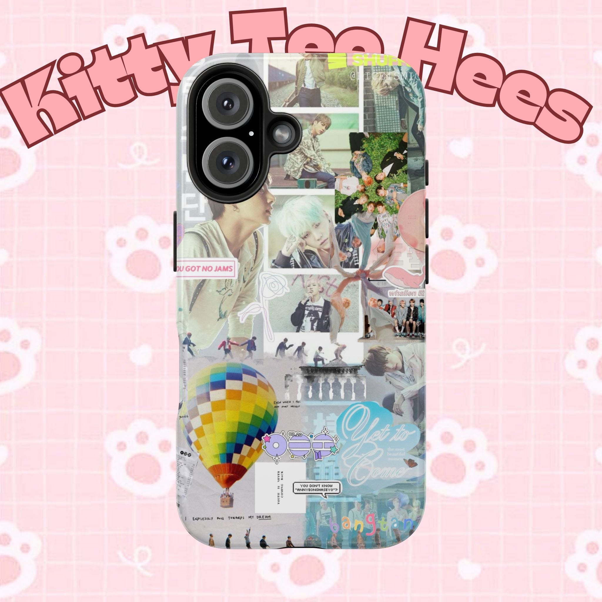 Printify BTS collage phone case for iPhone and Samsung with pastel hot air balloon and K-Pop photo collage design.
