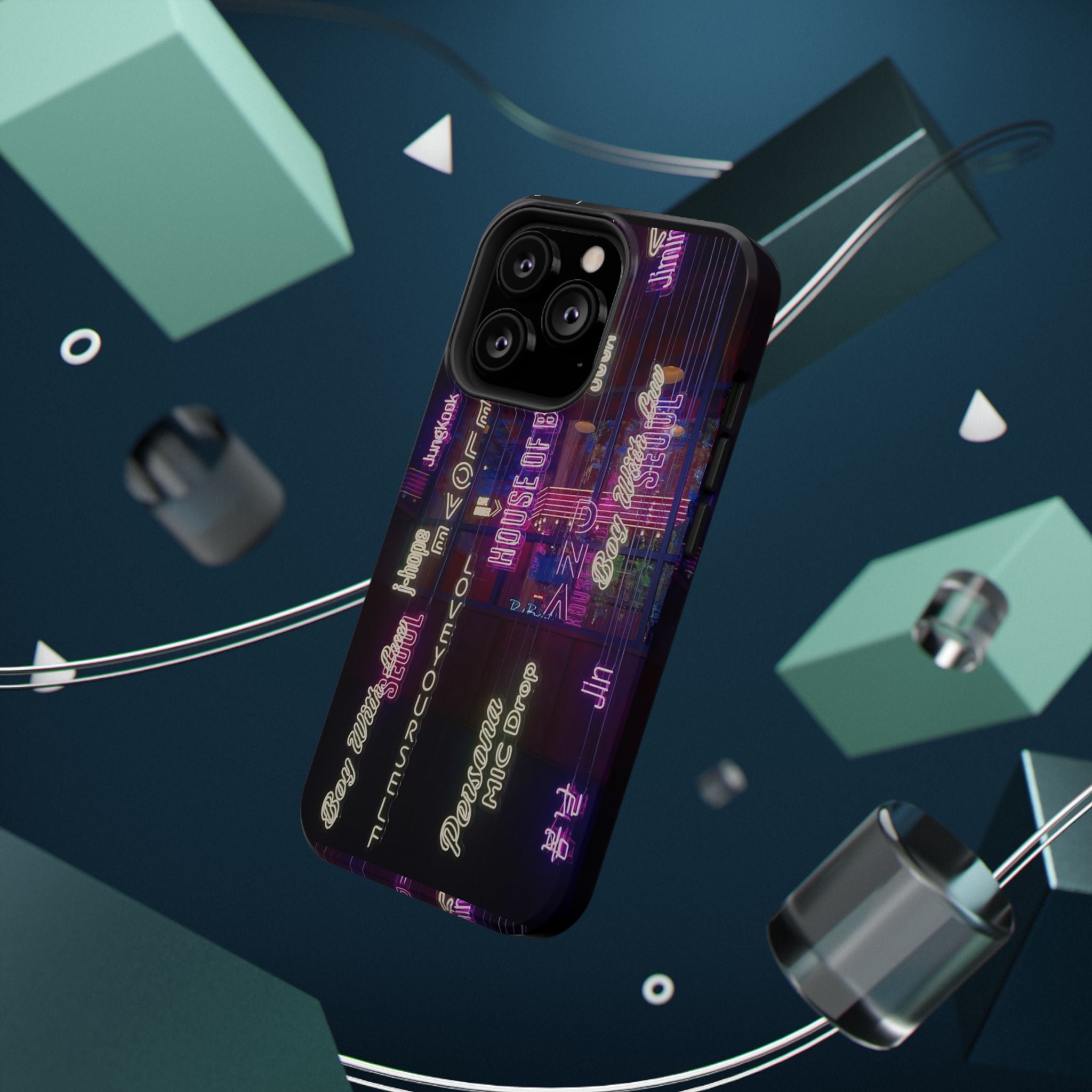 Neon Korean script BTS phone case for iPhone and Samsung, impact-resistant design, featuring Bangtan Sonyeondan branding.