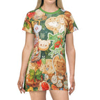 All-over print T-shirt dress featuring cute bread and croissant cat designs, perfect for cat lovers and kawaii fashion enthusiasts.