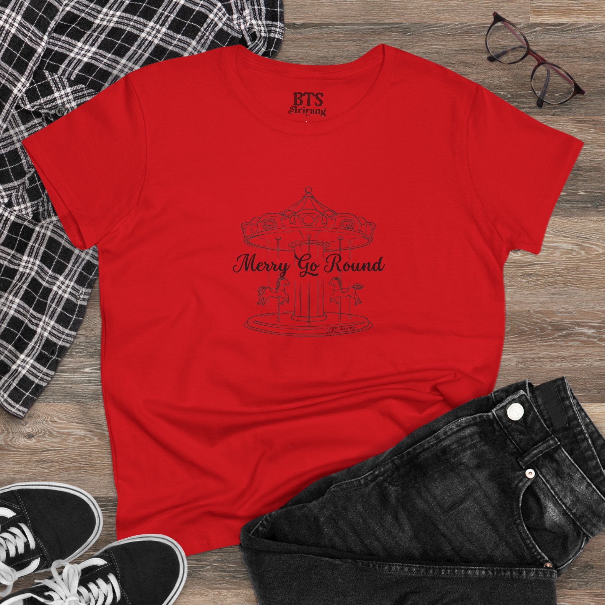 Printify Merry Go Round BTS Arirang 2026 album carousel sketch T-shirt with lyric script back print, casual and stylish apparel.