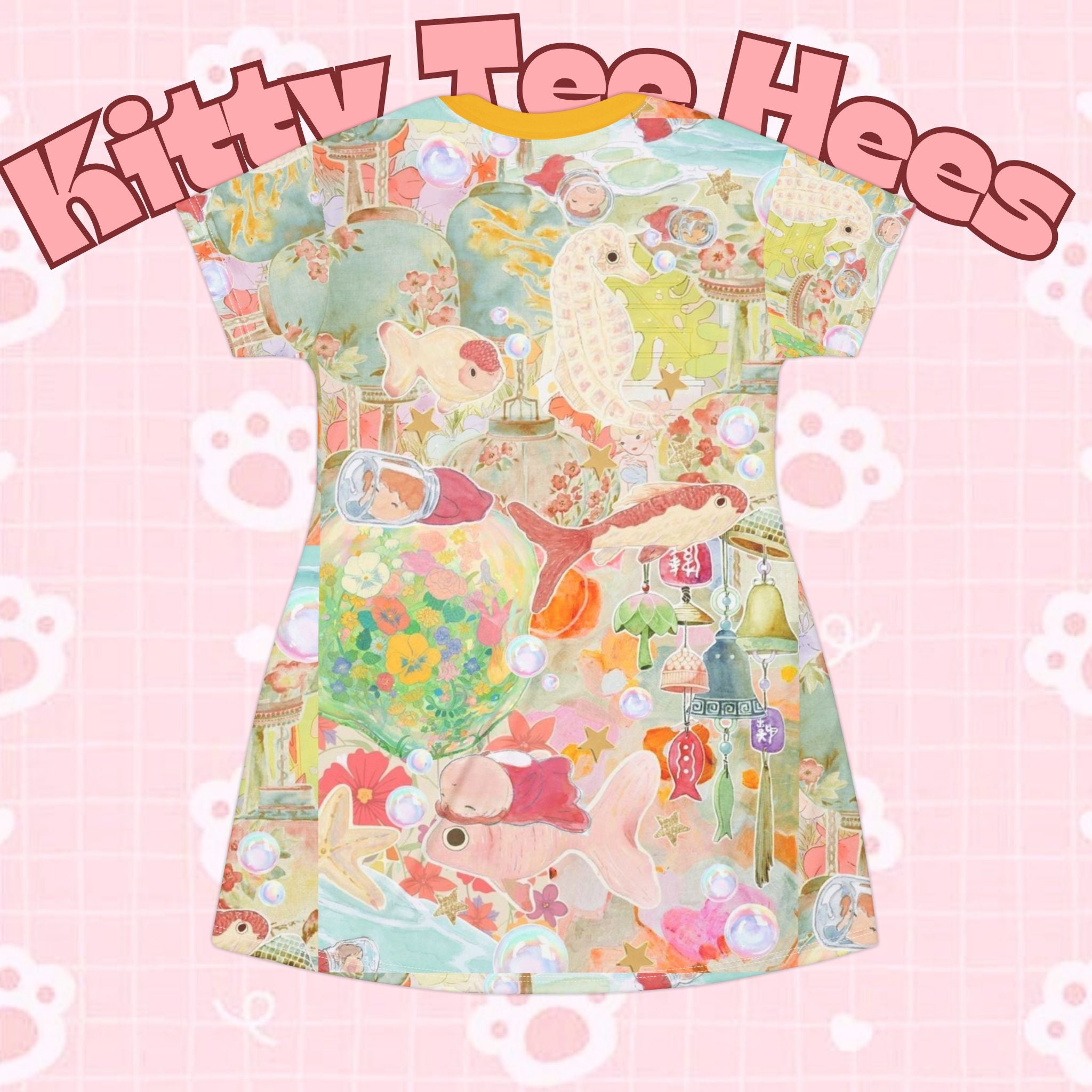 Koi Ponyo cat-themed T-shirt dress with all-over print, cute summer casual dress, perfect for birthdays and gift for her.