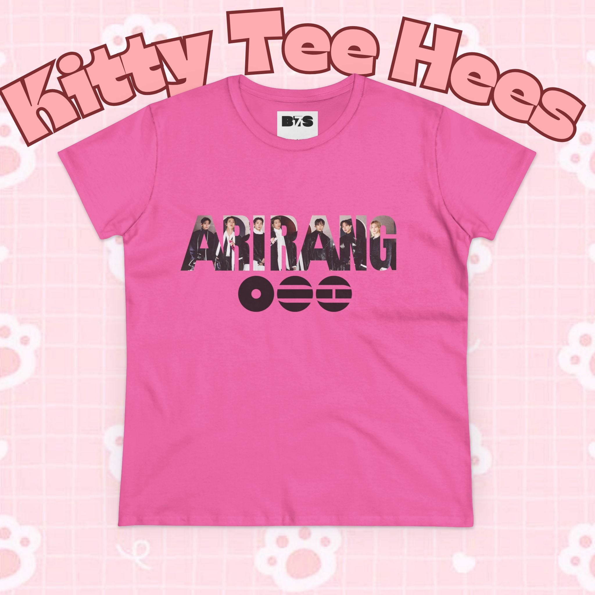 BTS ARIRANG graphic T-shirt featuring BTS logo and member names, casual cotton tee by Printify with colorful design.