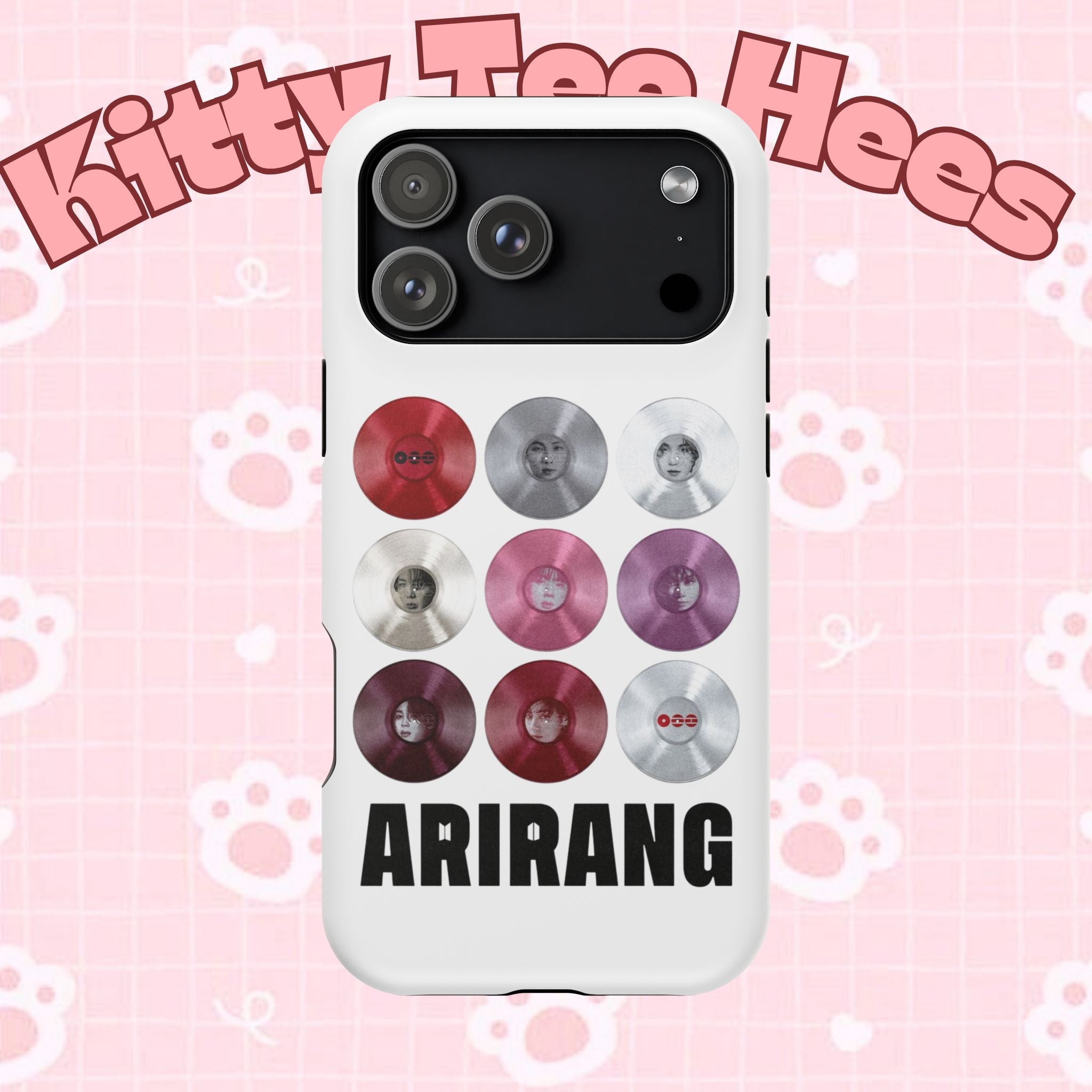 Printify BTS Arirang vinyl record grid phone case with impact-resistant design, featuring cool BTS fan merchandise artwork.