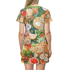 All-over print Printify cat-themed T-shirt dress featuring cute bread, croissant, and cat toast designs for cat lovers.