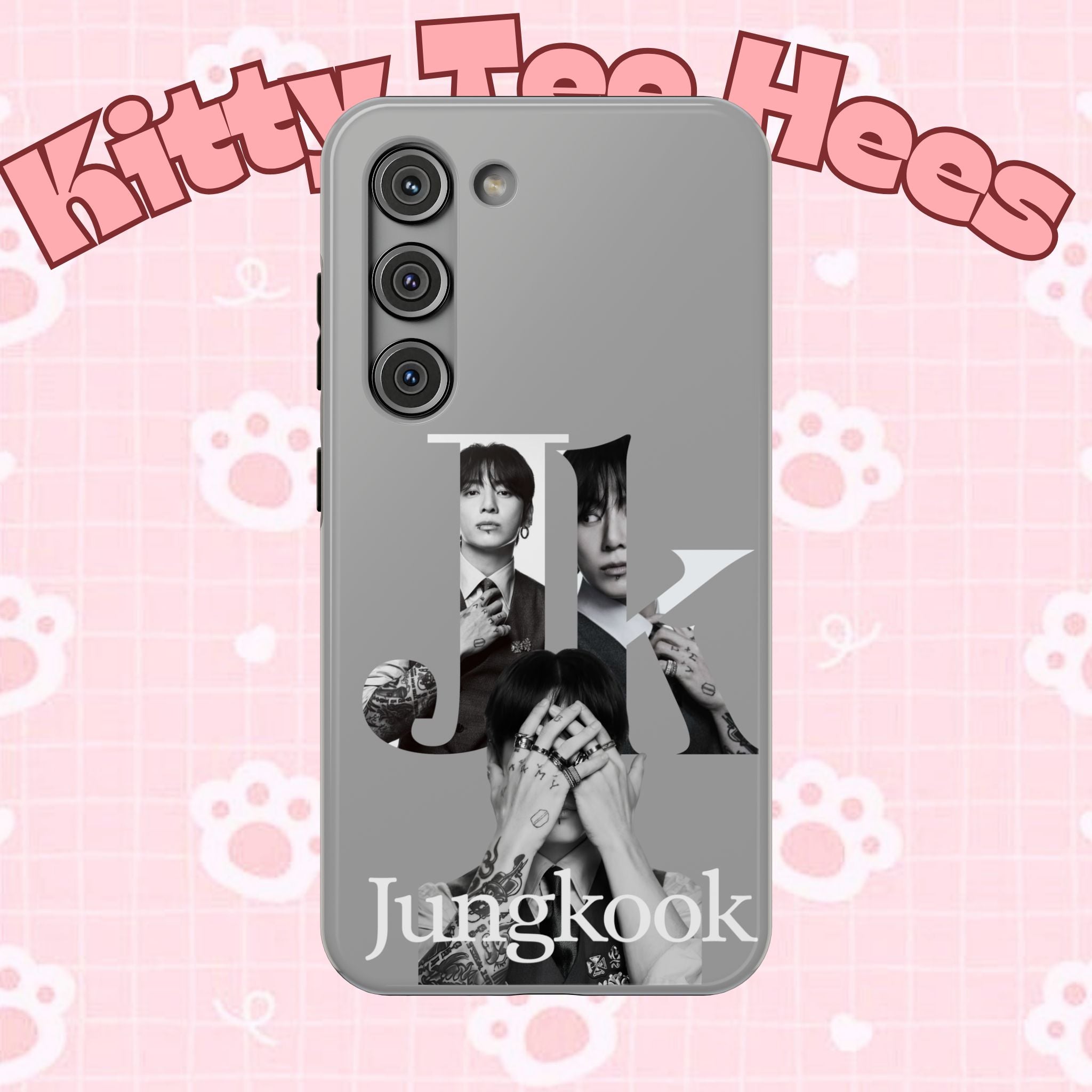 Monochrome BTS Jungkook phone case with letter design, impact-resistant printify brand cover for Samsung or iPhone.