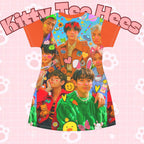 Colorful BTS Kidcore Y2K concert dress featuring all-over print of Bangtan group photo, casual K-pop inspired T-shirt dress.