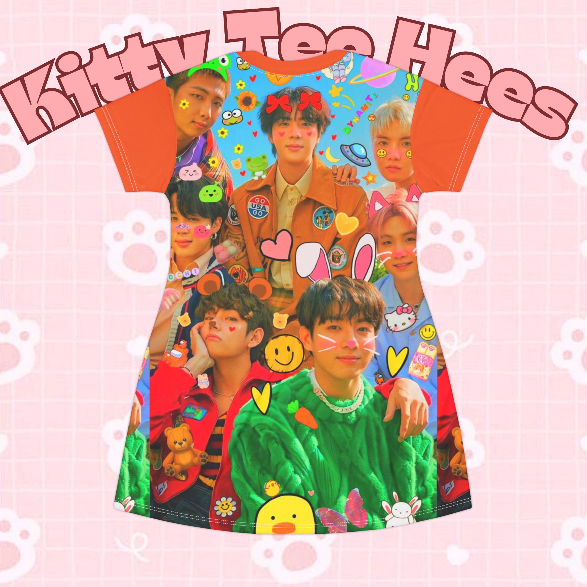 Colorful BTS Kidcore Y2K concert dress featuring all-over print of Bangtan group photo, casual K-pop inspired T-shirt dress.