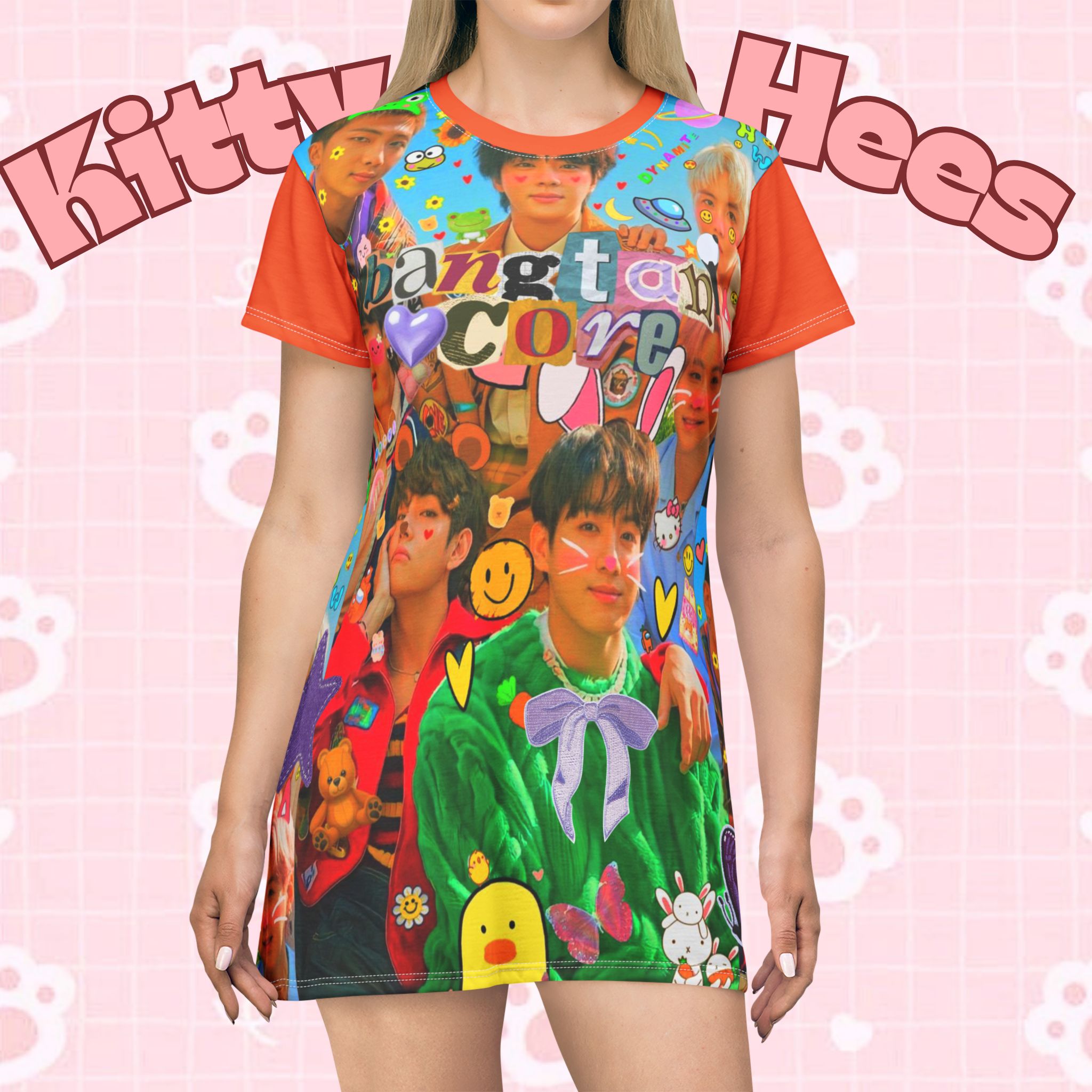 Colorful Y2K BTS Kidcore concert dress with all-over print featuring Bangtan Boys K-Pop group photo, by Printify.