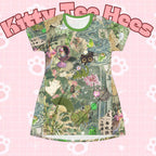 Green Kitty and Plant T-shirt dress with all-over print featuring cats and plants, perfect for cat lovers, by Printify.
