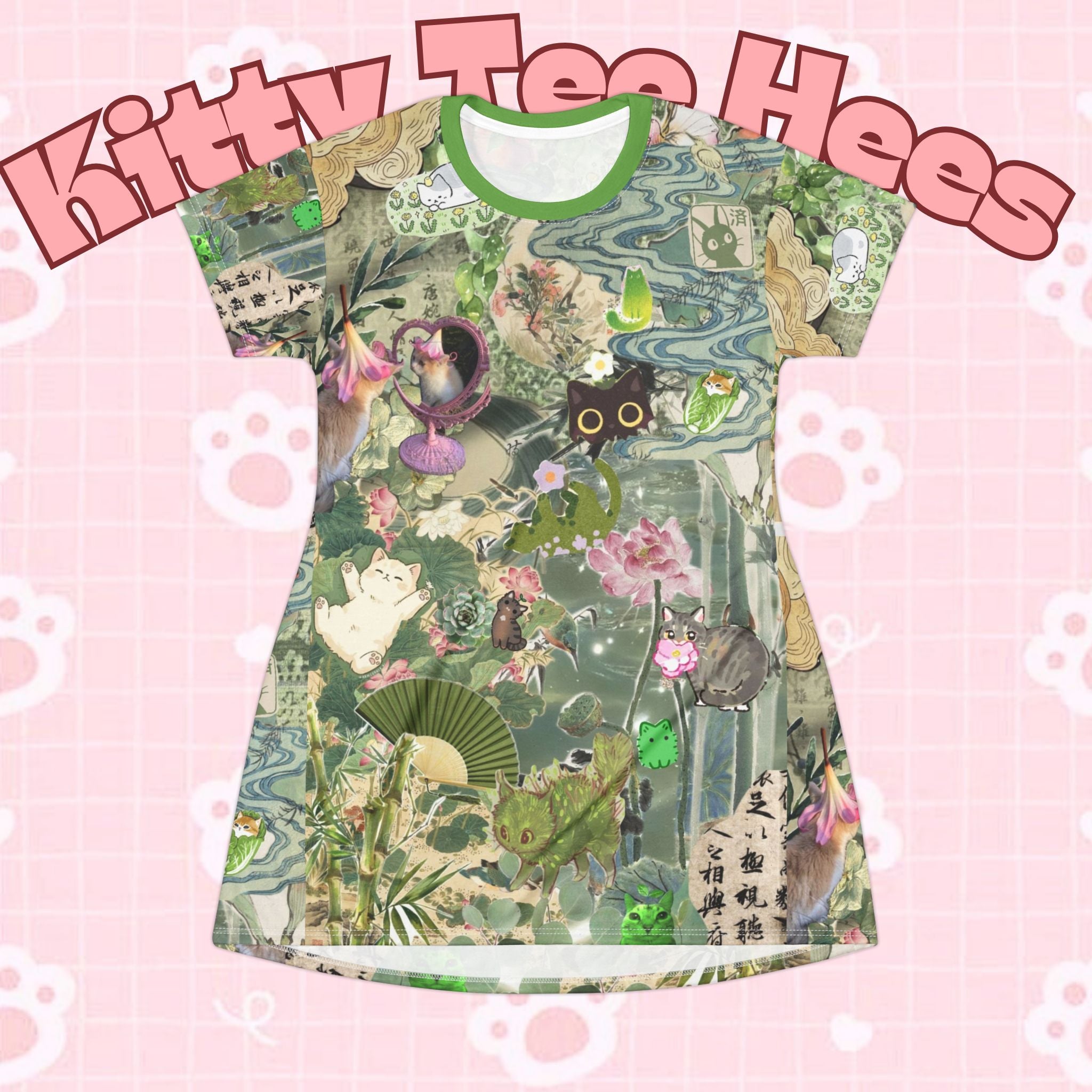 Green Kitty and Plant T-shirt dress with all-over print featuring cats and plants, perfect for cat lovers, by Printify.