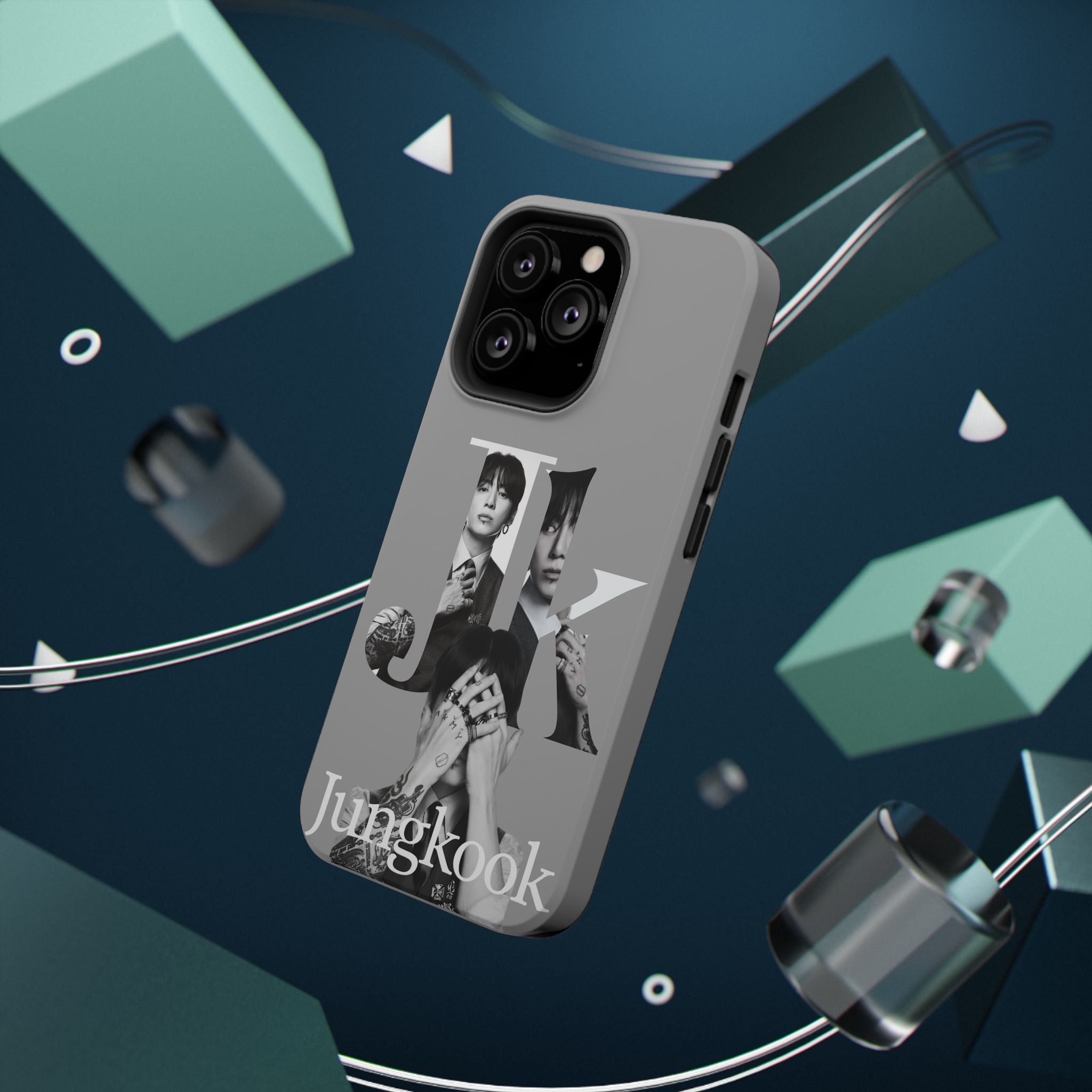 Monochrome BTS Jungkook phone case by Printify featuring impact-resistant design with bold letter B logo and Jungkook image.