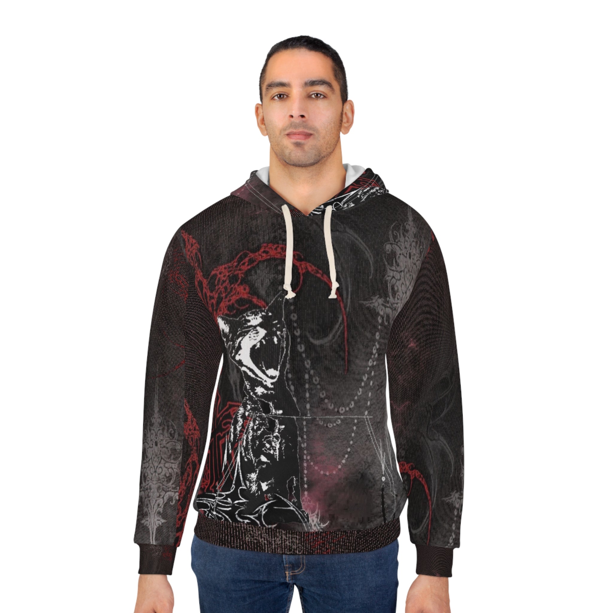 Gothic cat art all-over print unisex hoodie featuring a unique streetwear design, cozy alternative fashion hoodie by Printify.