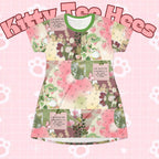 Pink and green floral apple star print T-shirt dress by Printify, casual boho spring outfit perfect for picnics and parties.