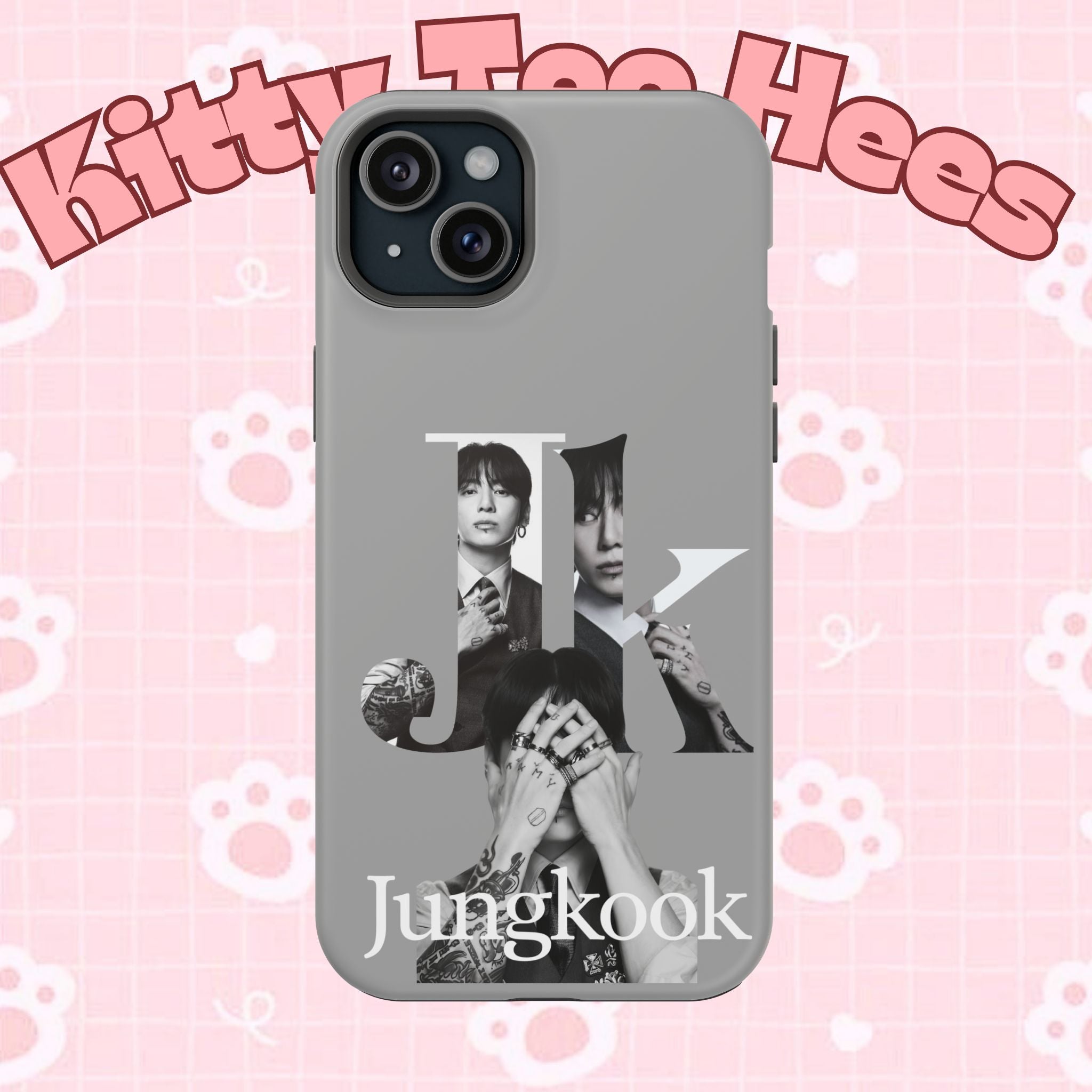 Monochrome BTS Jungkook phone case with bold letter design, impact-resistant Printify phone accessory featuring Jungkook from BTS.